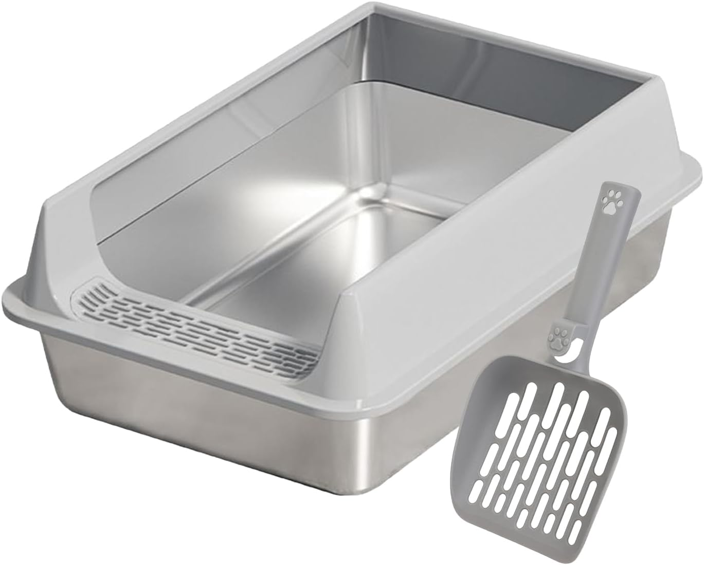 Cat Litter Tray Stainless Steel Cat Litter Tray Splash-Proof with Shovel Non-Stick Cat Accessories for Large Medium Small Cats Home Garden Balcony Patio