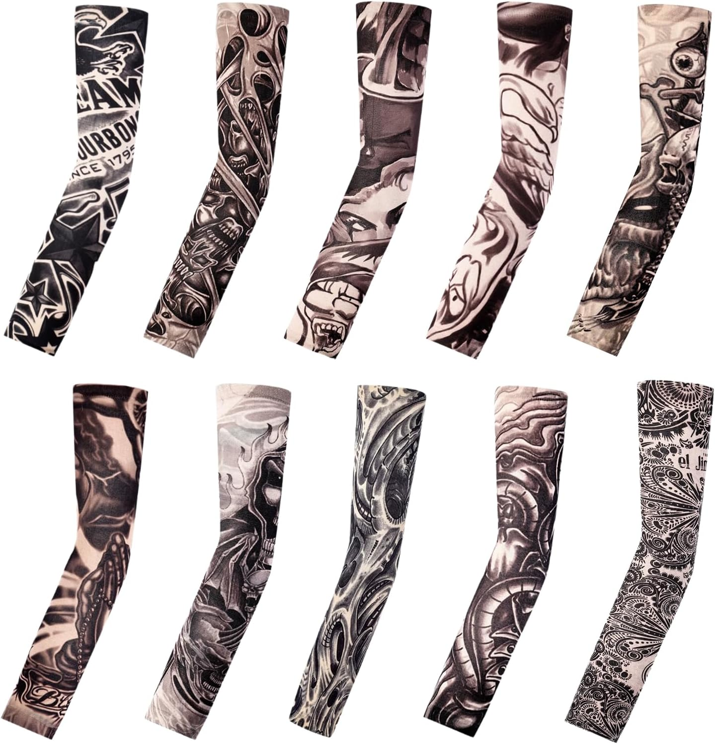 10 Pcs Fake Tattoos Sleeves for Men,Art Arm Fake Tattoo Sleeves Cover for Men/Women, Nylon Elastic Arm Temporary Tattoos Halloween Carnival Festivals Tattoo Hip Hop Accessories Sun Block Sleeves, image number 3