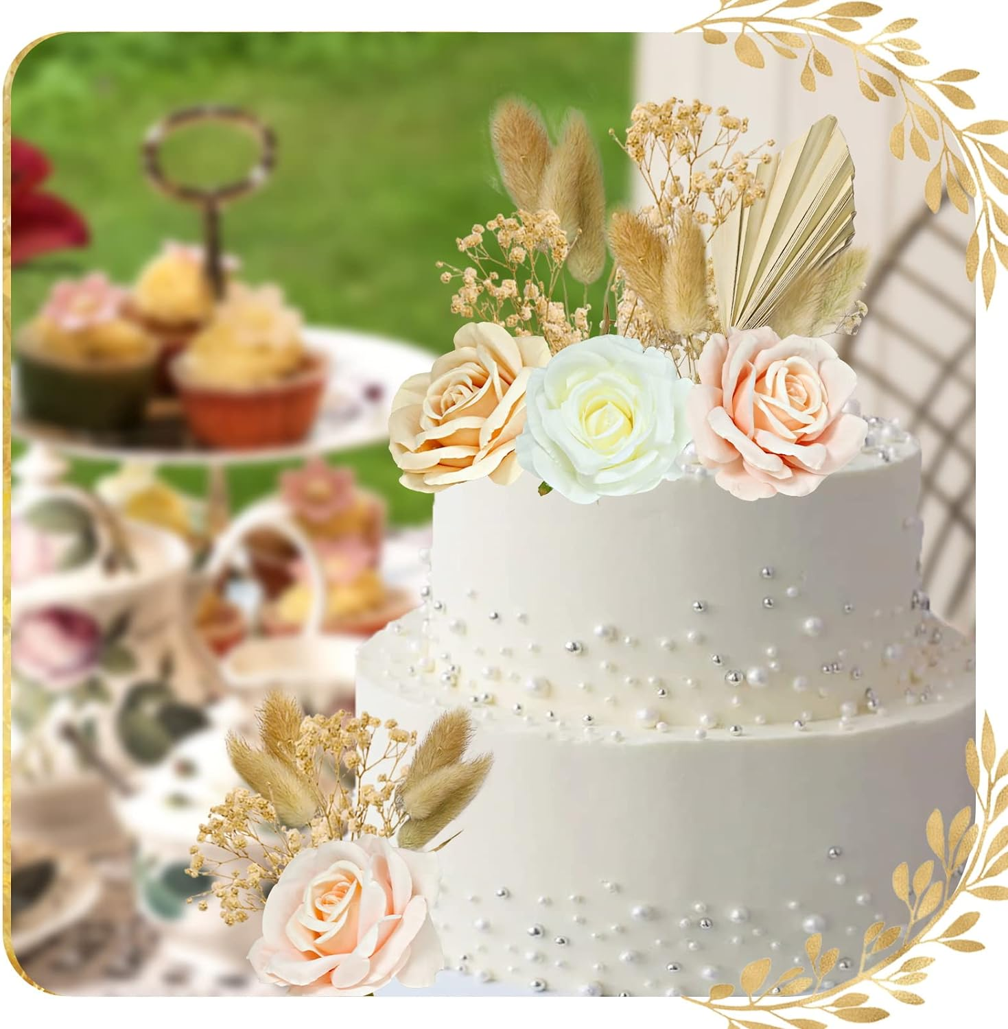 Morofme 21Pcs Boho Cake Decor - Acrylic Minimalist Art Lady Gold Face & Vintage Artificial Rose Flower Leaves for Bohemian Birthday Wedding Bridal Baby Shower