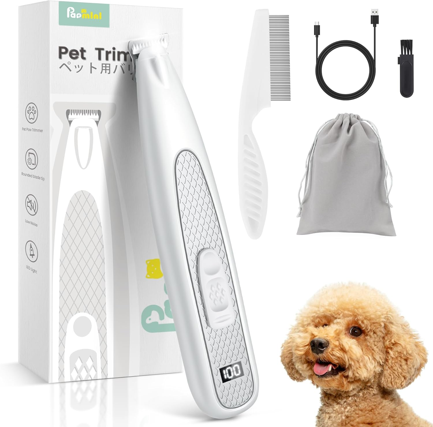 Dog Paw Trimmer with LED Light, Ultra-Low Noise Dog Clippers for Grooming, Cordless Cat Paw Hair Trimmer with LED Display, Type-C Rechargeable Pet Hair Clippers for Ears, Face (White) image number 2