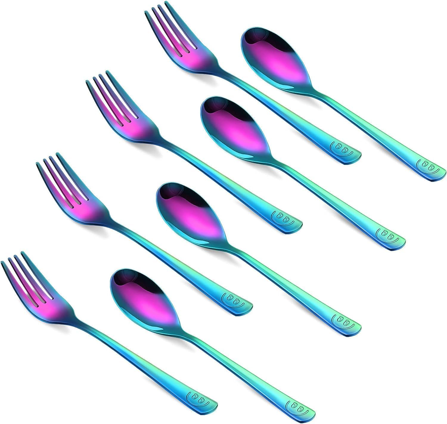 8 Pieces Spoon and Fork Set, Rainbow Utensils Set, Flatware Set, Includes 4 Spoon and 4 Fork with Smile Mirror Polished for Daily Use