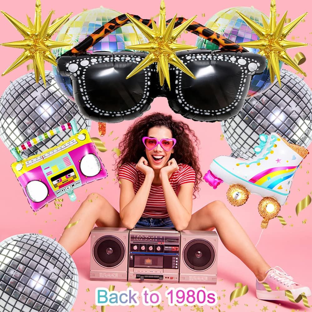 14 PCS Disco Ball Radio Boombox Roller Skate Glasses Gold Explosion Star Huge Foil Balloons Party Decoration Set for Birthday Bachelorette 70S 80S 90S Theme Disco Party Decor Supplies image number 3