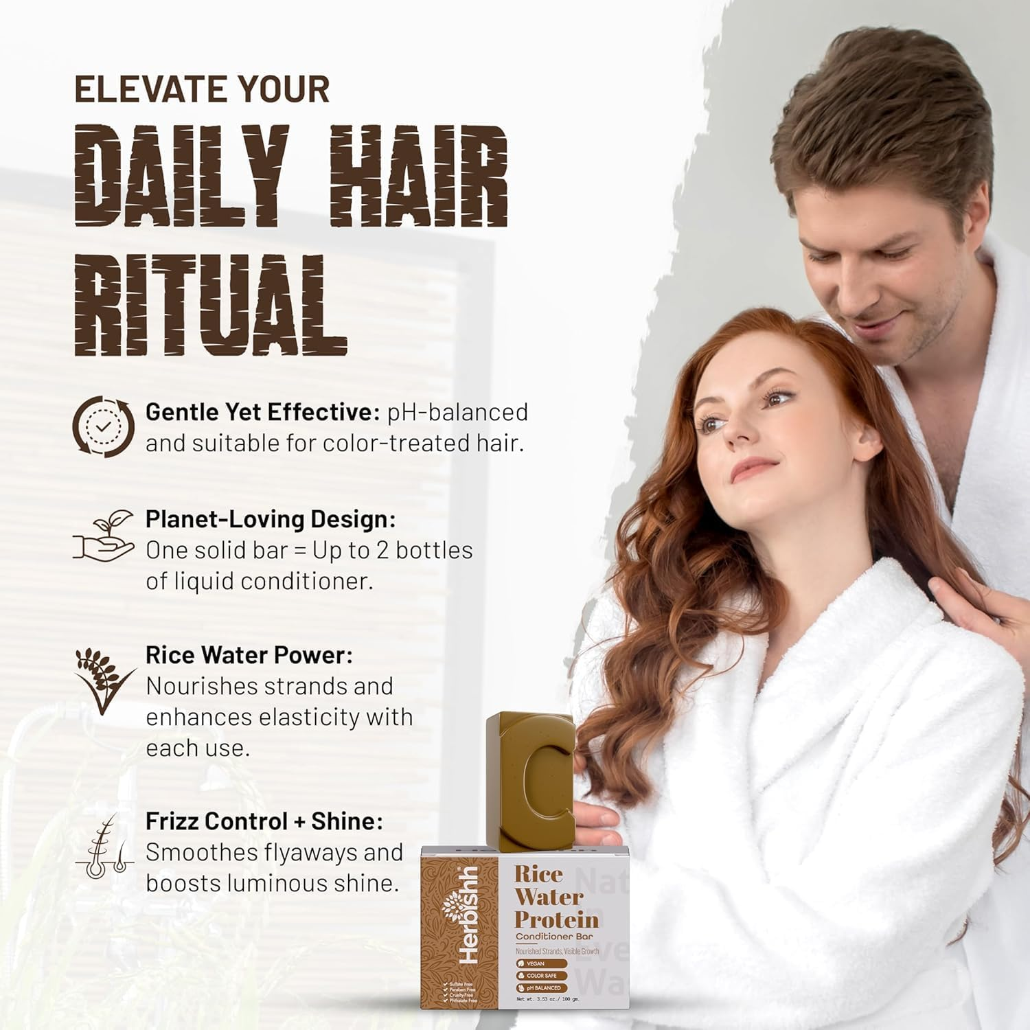 Herbishh Rice Water Shampoo & Conditioner Bar Set &ndash; Solid Bars for Hair Growth, Strength, & Moisture &ndash; Fermented Rice Protein Hair Care for Dry, Thinning Color-Treated Hair Sulfate-Free, 2 X 3.53 Oz image number 2