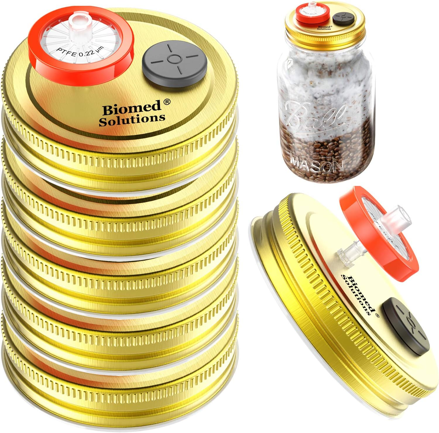 6Pcs Regular Mouth Liquid Culture Lid,Grain Spawn Cultivation Mason Jar Lid with 0.22Um PTFE Syringe Filter & 20Mm Self Healing Injection Ports for Mushroom Growing Mycology(Yellow)