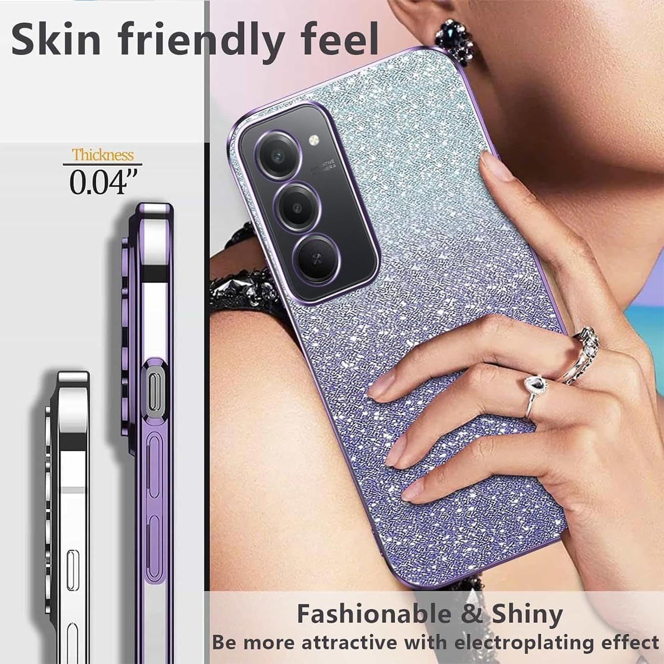 YUEQIAN Glitter Case for Xiaomi Redmi 15 4G / 5G, Ultra Thin Transparent Shiny Sequins Girls Mobile Phone Case, Soft TPU Silicone Shockproof Drop-Proof Protective Case Pink - Purple image number 4