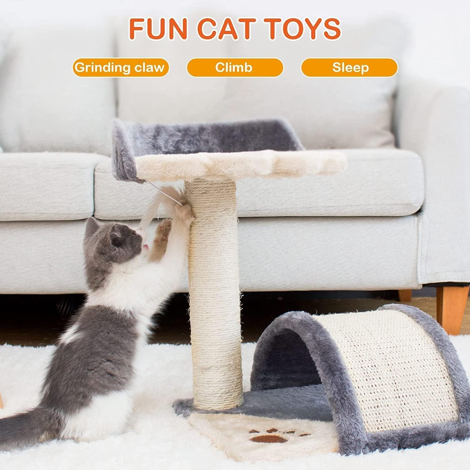 Cat Scratching Post, Cat Scratcher Tree with Cave Cat Tower and Condos Natural Sisal Post with Perch Platform, Scratching Posts for Indoor Cats for Small or Medium Pets Kitties (White Gray) image number 2