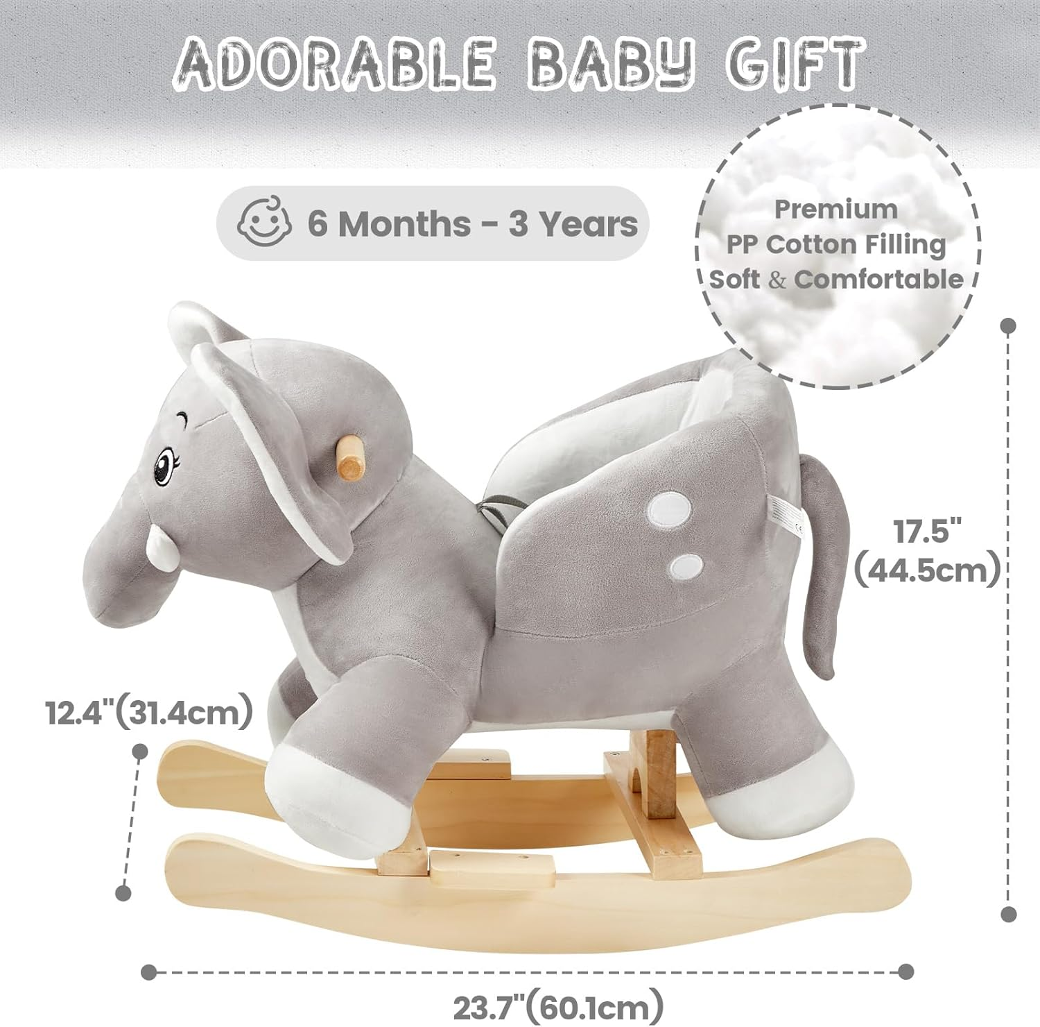 FUNLIO Elephant Baby Rocking Horse for Toddlers 6 Months to 3 Years, Cute & Graceful Grey Elephant Rocker for Baby Girl, Stuffed Plush Ride-On Rocking Animal, Easy to Assemble, CPC & CE Certified image number 2