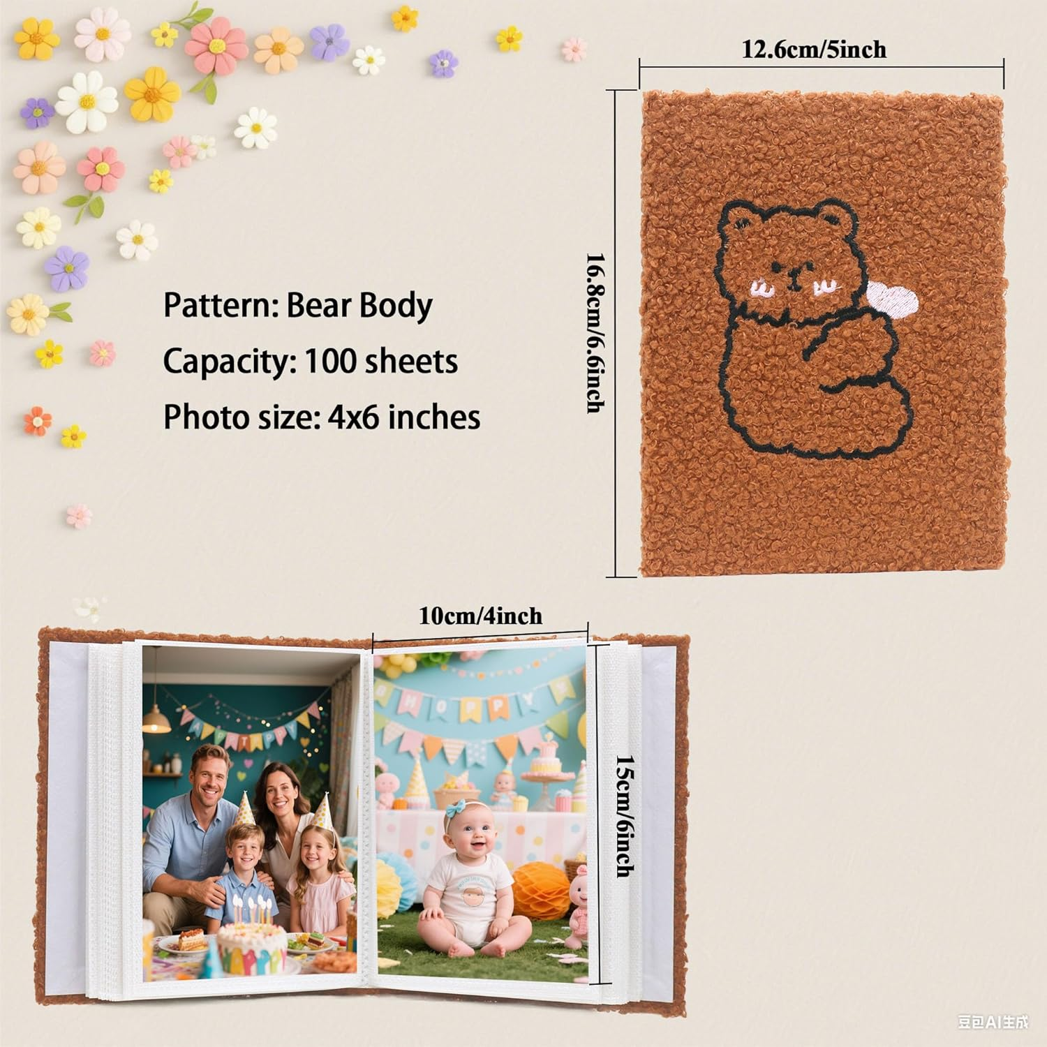 Photo Album 4X6-50 Pages Holds 100 Photos, Teddy Velvet Cover with Bear Embroidery for Wedding Kids Travel Family Baby Pictures (Bear Body) image number 6