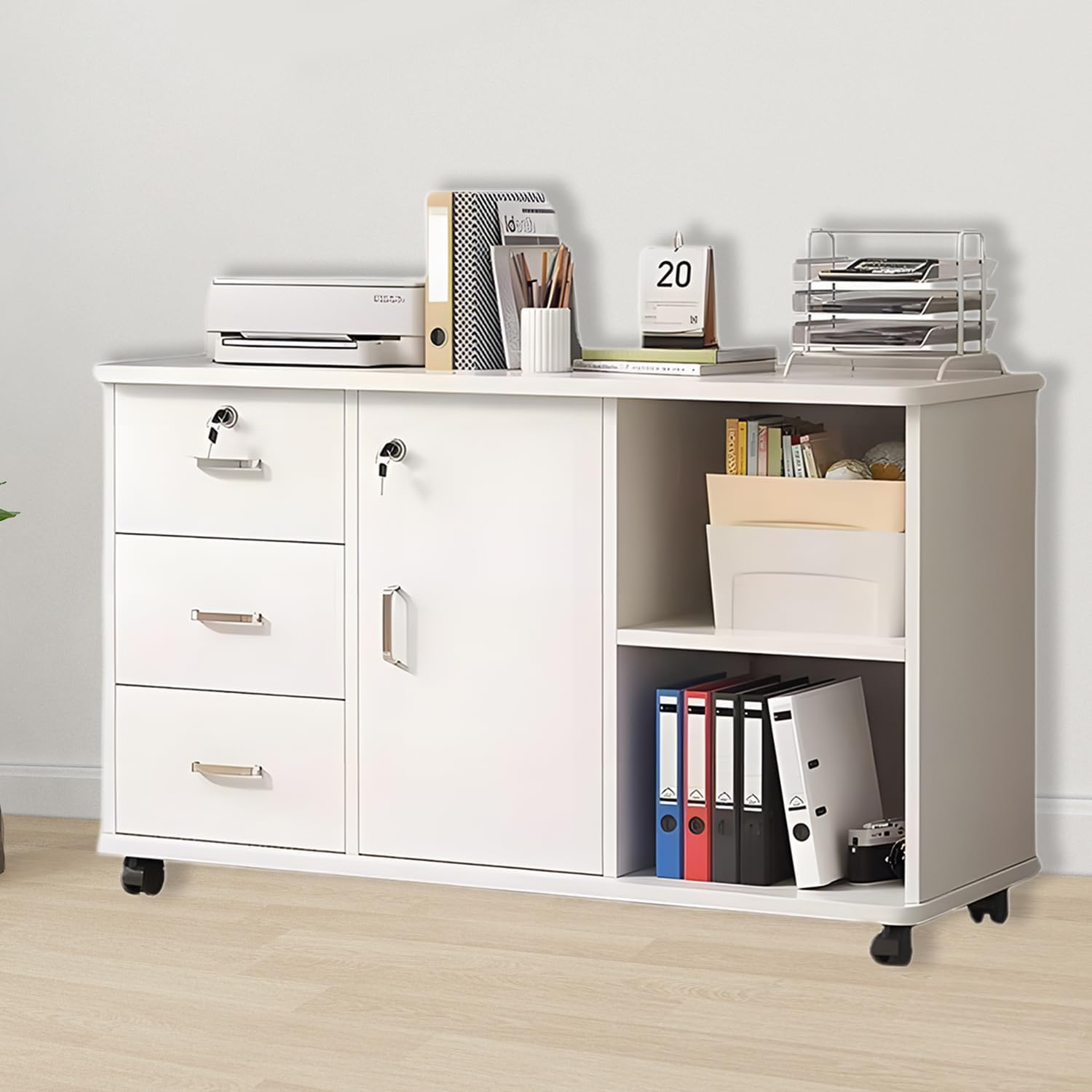 Uandhome File Cabinet, Printer Open Storage Shelf, Floor Table A4 Low Cabinet for Home Office, Mobile Lateral Drawer Cabinet with Lock, Office Furniture Space Organizer(White) image number 3