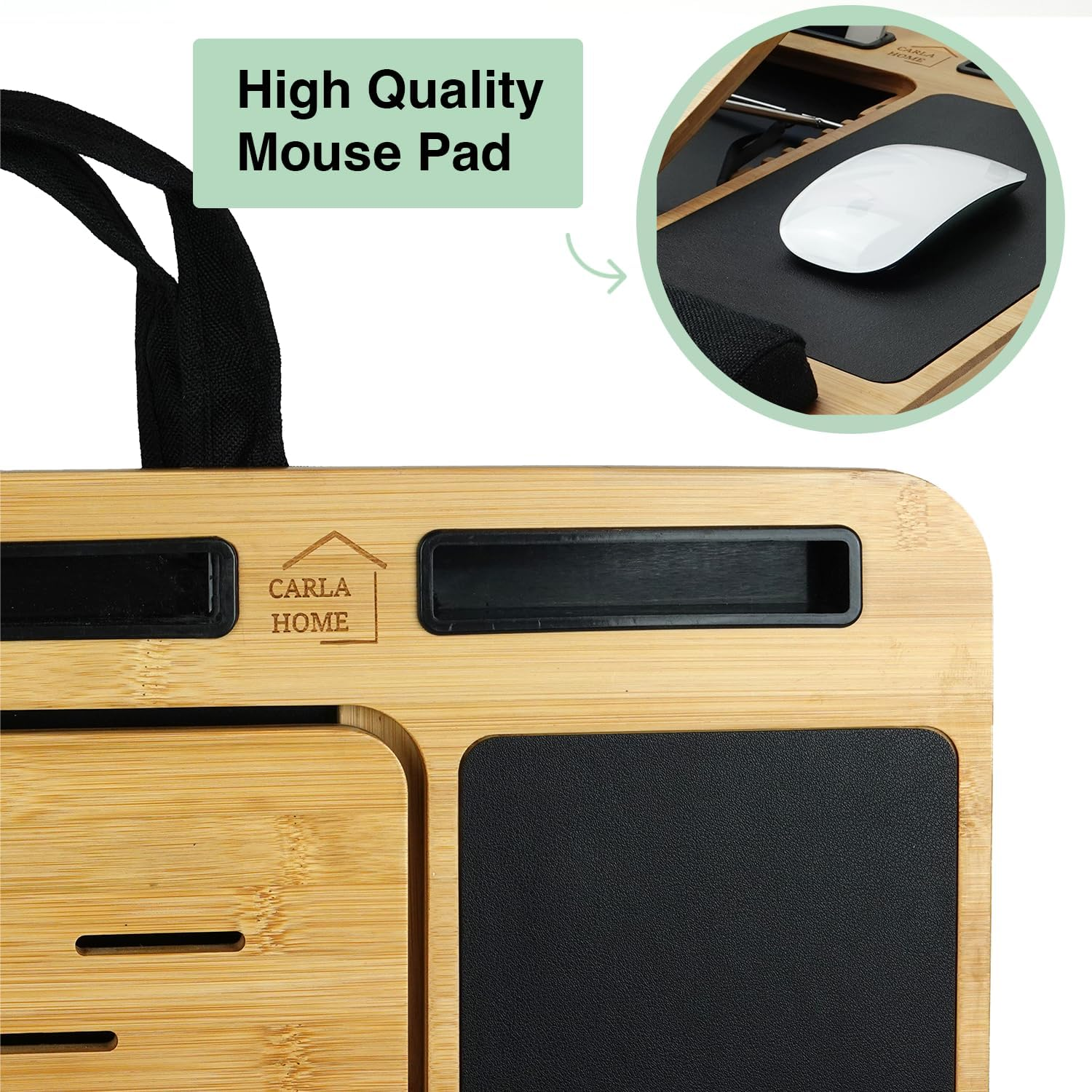 CARLA HOME Bamboo Laptop Lap Desk with Cushion, Angle Adjustable Laptop Computer Stand Bed Desk, Portable Lap Desk W/Handles, Tablet & Phone Holder, Mouse Pad & Shields Heat (Black)