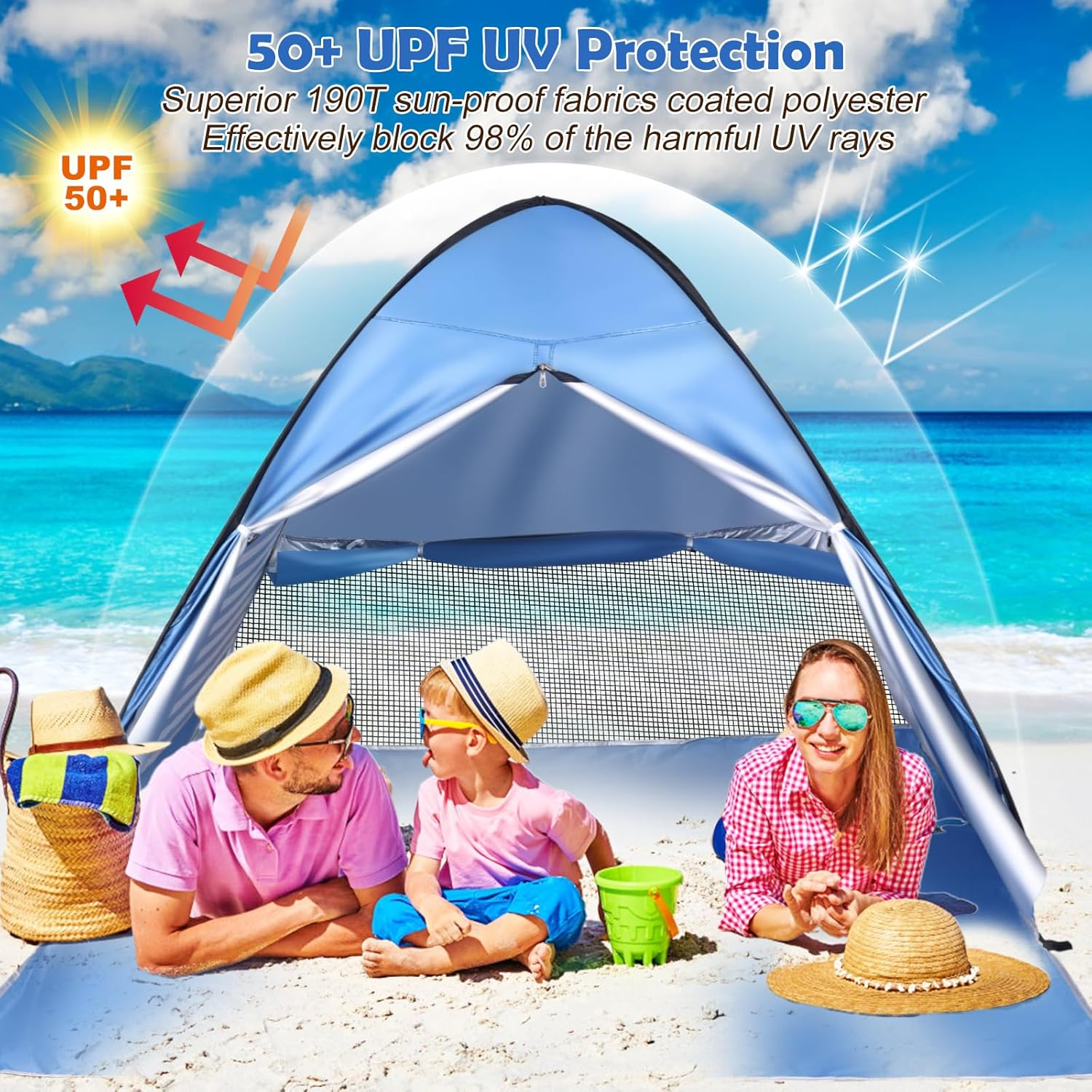 Beach Tents 3-4 Person Pop up Beach Tent Anti-Uv Beach Shade Portable Sun Shelter Foldable Instant Automatic Pop up Tent Easy Set up and Carry Beach Umbrella (Curtain Striped Blue) image number 5