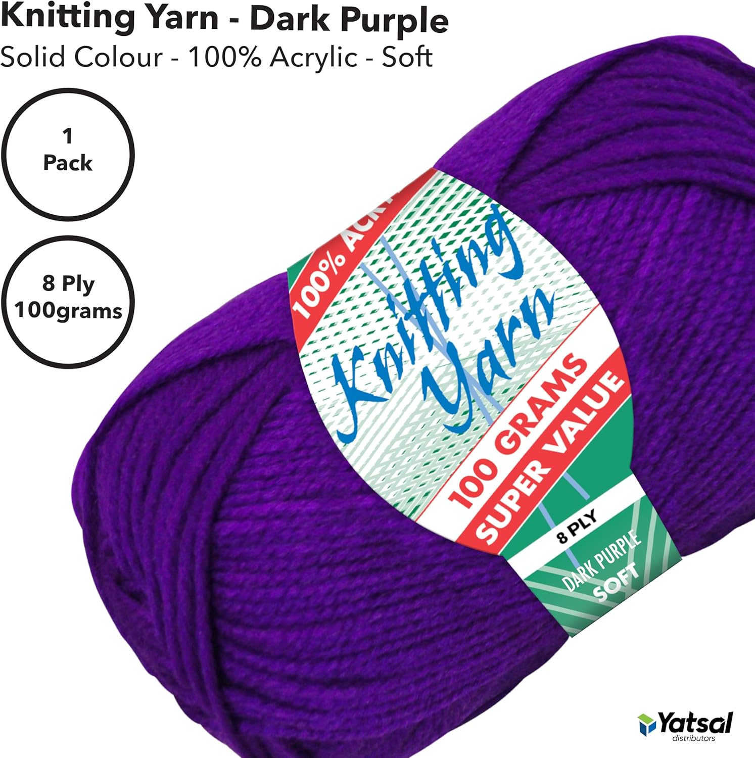 100% Acrylic 8-Ply Knitting Yarn 100 G, Dark Purple image number 4