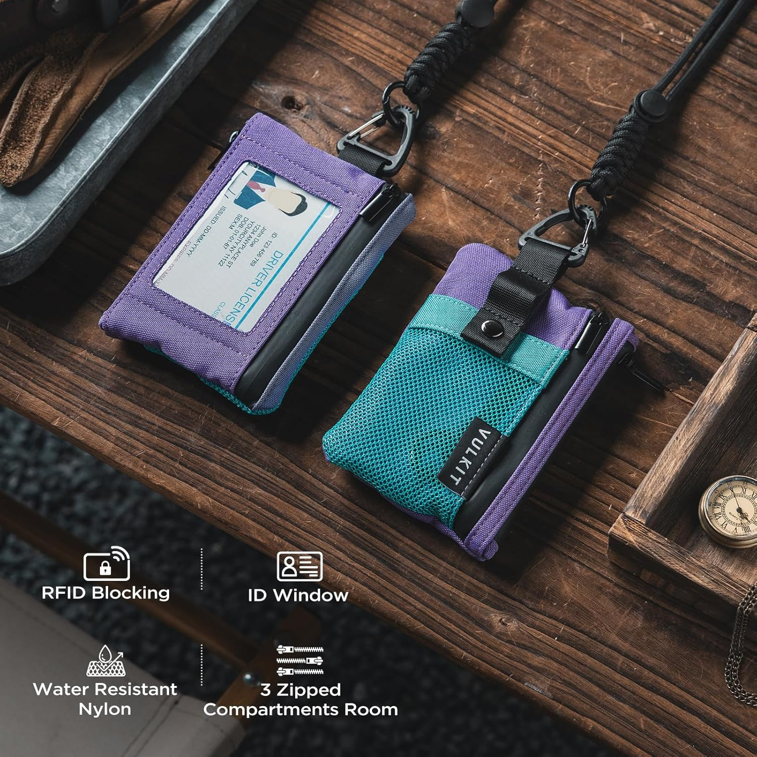 VULKIT Small RFID Wallet for Women & Men - Minimalist Zipper Wallet with ID Window, Keychain & Carabiner, Holds 15 Cards, Water Resistant Travel Lanyard Wallet Aauagreen Purple - Black image number 6