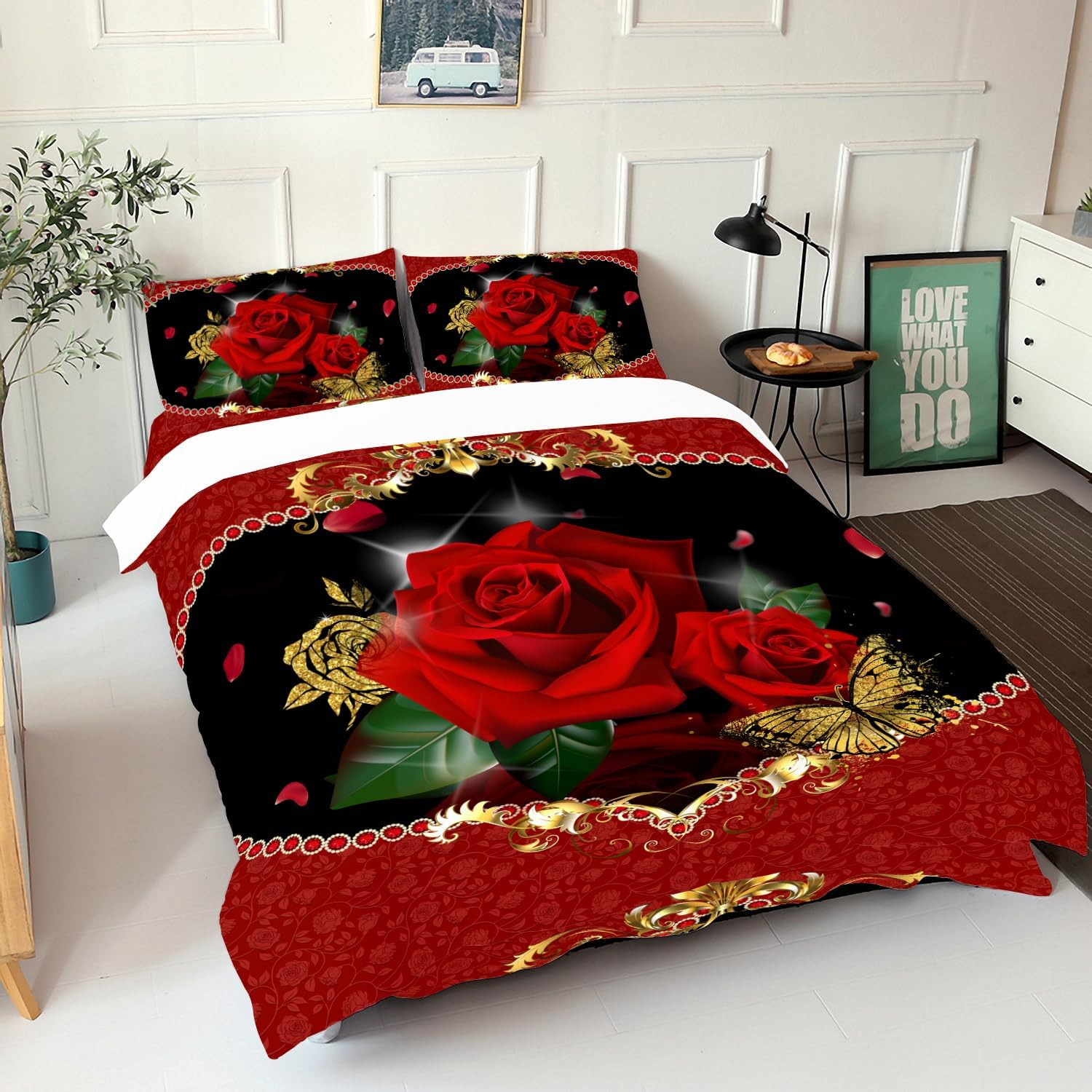 AILONEN Red Rose Duvet Cover King Size, 3D Oil Red Rose Bedding Set for Girls,Romantic Flower Comforter Cover,1 Quilt Cover 2 Pillowcases 3 Piece,Soft Microfibre