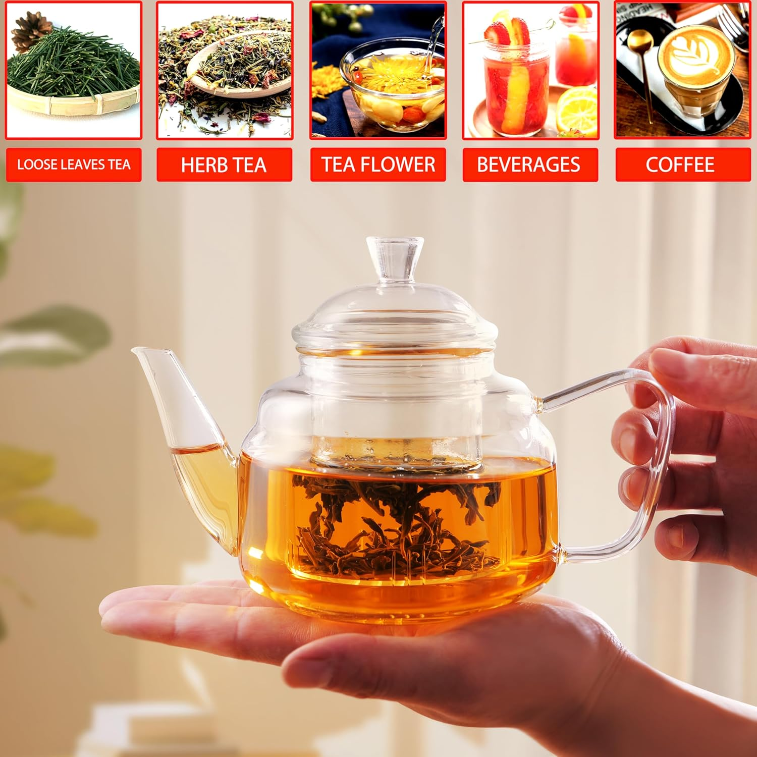 CNGLASS Glass Teapot with Removable Infuser,600Ml Clear Glass Tea Kettle Stovetop Safe,Glass Teapot with Strainer for Blooming and Loose Leaf Tea image number 1