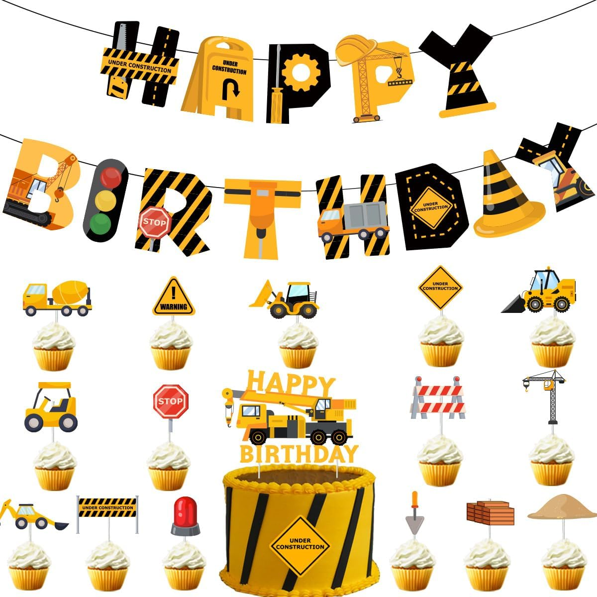 Construction Birthday Party Decorations Construction Happy Birthday Banner Vehicle Truck Cake Topper Hanging Swirls Ceiling Streamers Decor for Construction Birthday Party Supplies image number 1