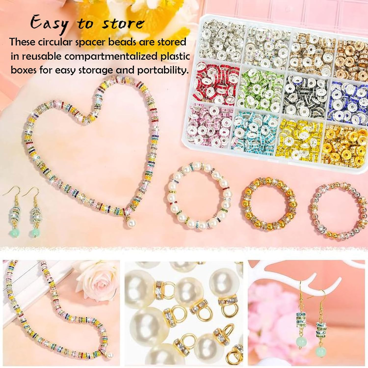 600Pcs Spacer Beads for Jewelry Making, 8Mm Rhinestone Spacer Beads Crystal Bead Spacers for Bracelets, for Bracelet Necklace Jewelry Making DIY （12 Colors） image number 2