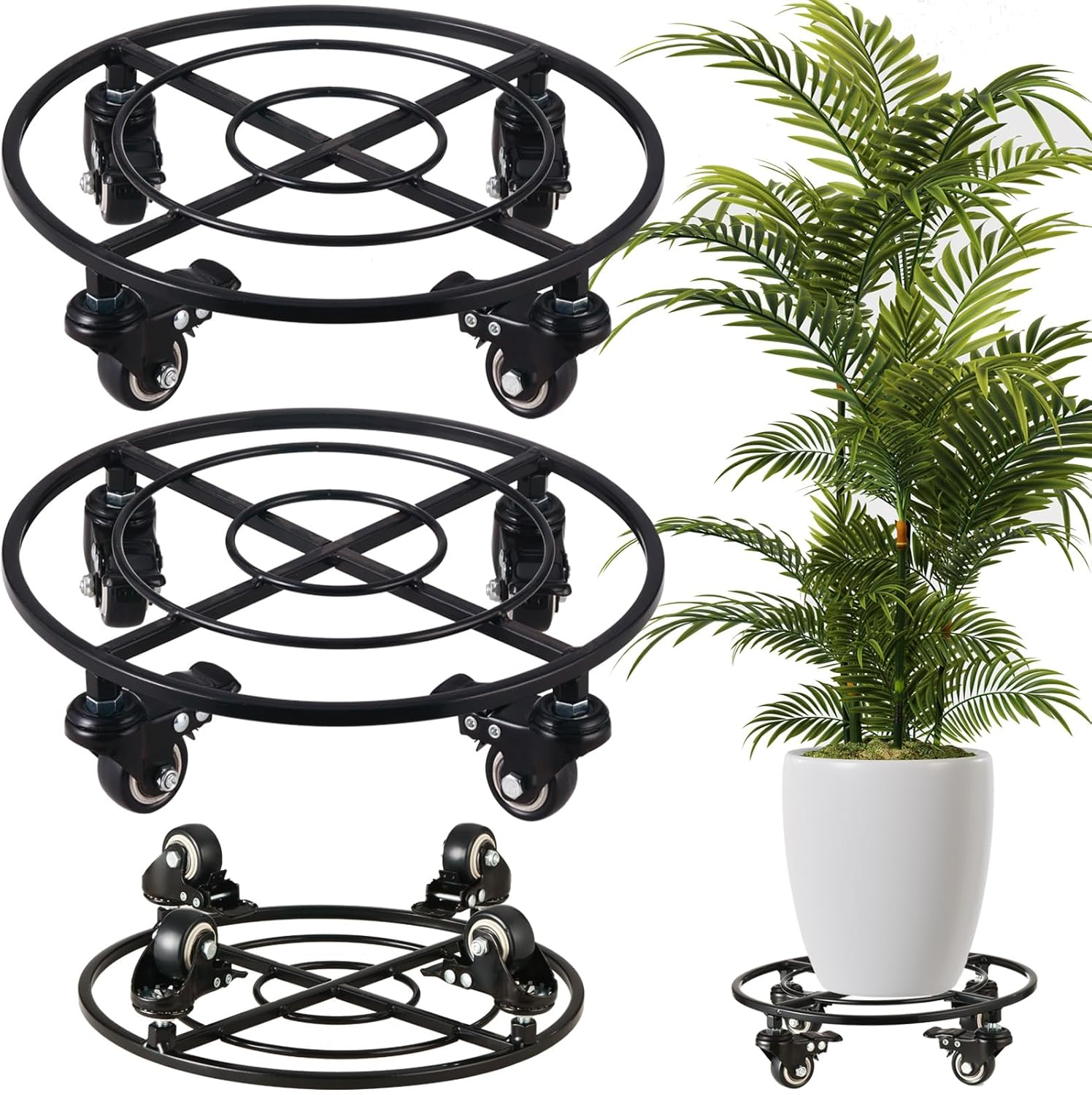 Kvyusflourish 2 Packs Large Metal Plant Caddy with Wheels 13.6" Rolling Plant Stands Heavy-Duty Wrought Iron Plant Dolly Plant Rollers Planter Mover with Casters, Strong Load Capacity