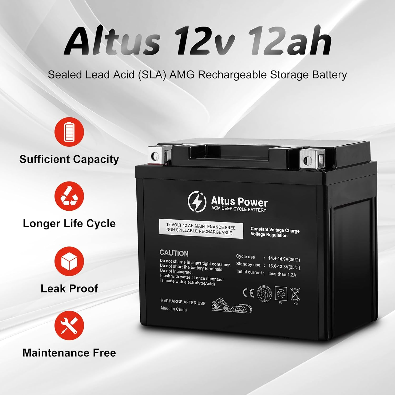 Altus 12V 12Ah AGM Motorcycle Battery Deep Cycle SLA Lead Acid Battery image number 3