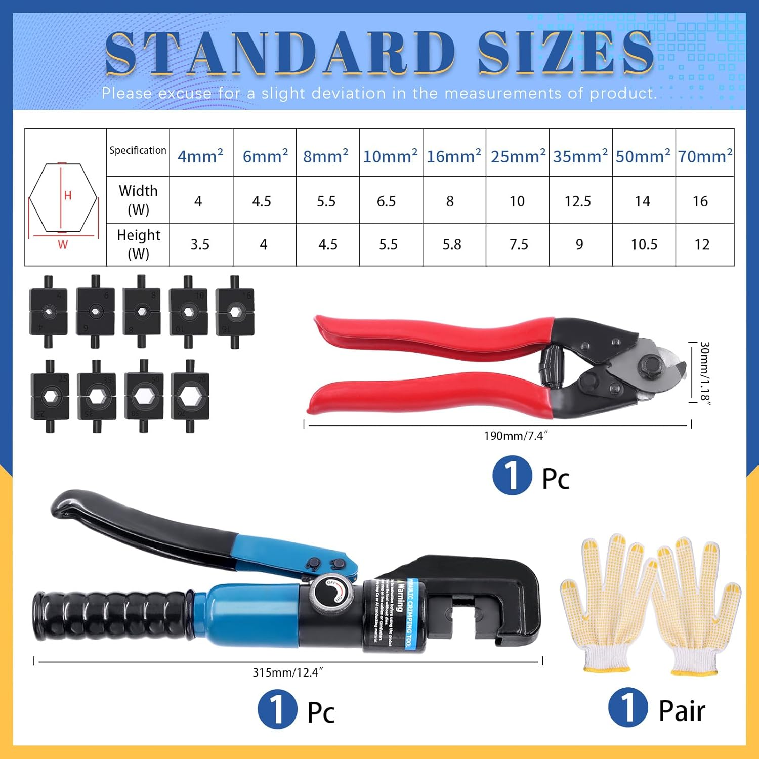 Glarks 12Pcs Hydraulic Crimping Tool Kit, 10 Ton Hydraulic Hand Crimper Tool with Wire Cable Cutter, Dies and Gloves Kit for 1/8" to 3/16" Cable, Wire Swaging Tool with Stainless Steel Cable Cutter image number 6
