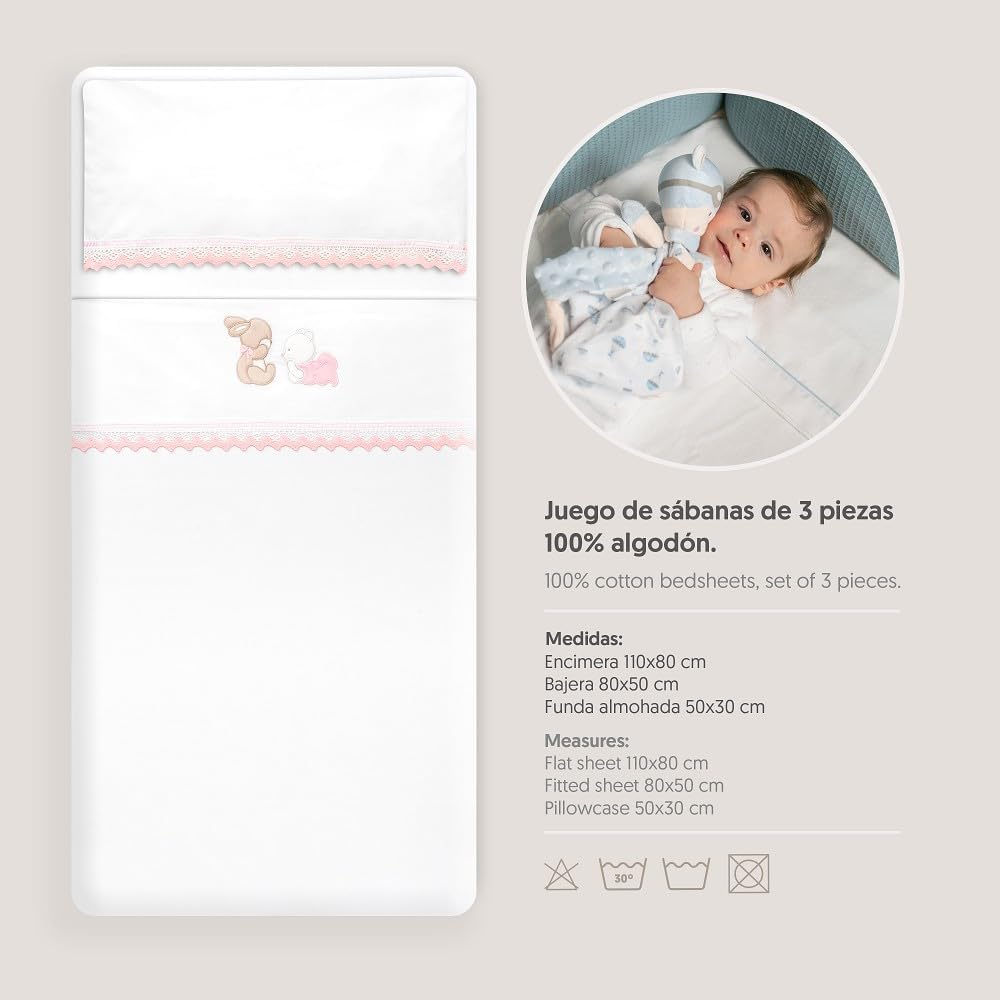 Interbaby Cotton Baby Bedding - Car/Moses/Carrycot - Bear Rabbit Lying down - 3 Piece Set - Fitted Sheet + Duvet Cover + Pillowcase image number 6