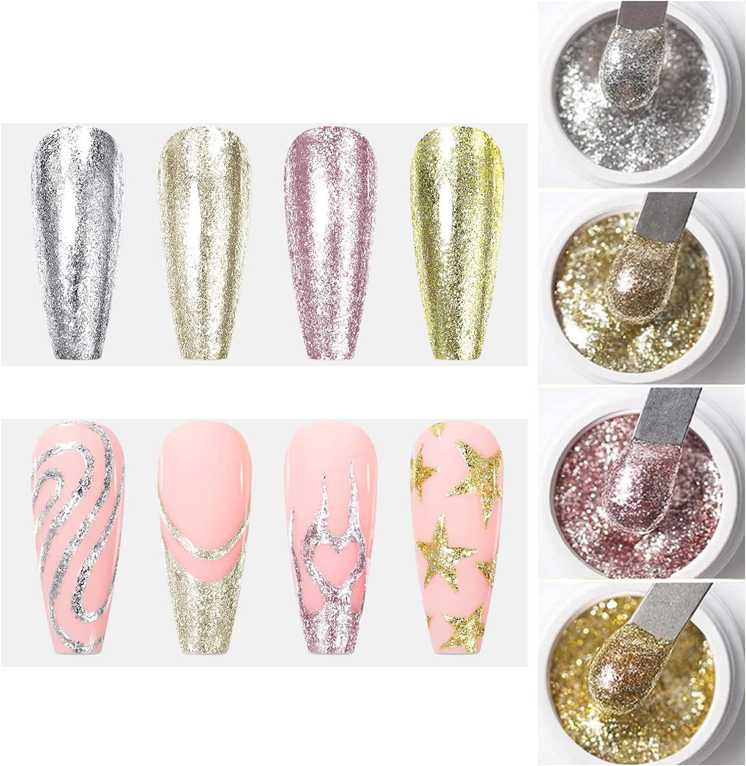 VERONNI Glitter Gel Nail Polish Chrome Platinum Glitter Gel Nail Polish Set, Sparkly Shiny Silver Gold Pink Champagne 4 Colors Nail Art Painting Drawing Home DIY Manicure Nail Salon image number 1