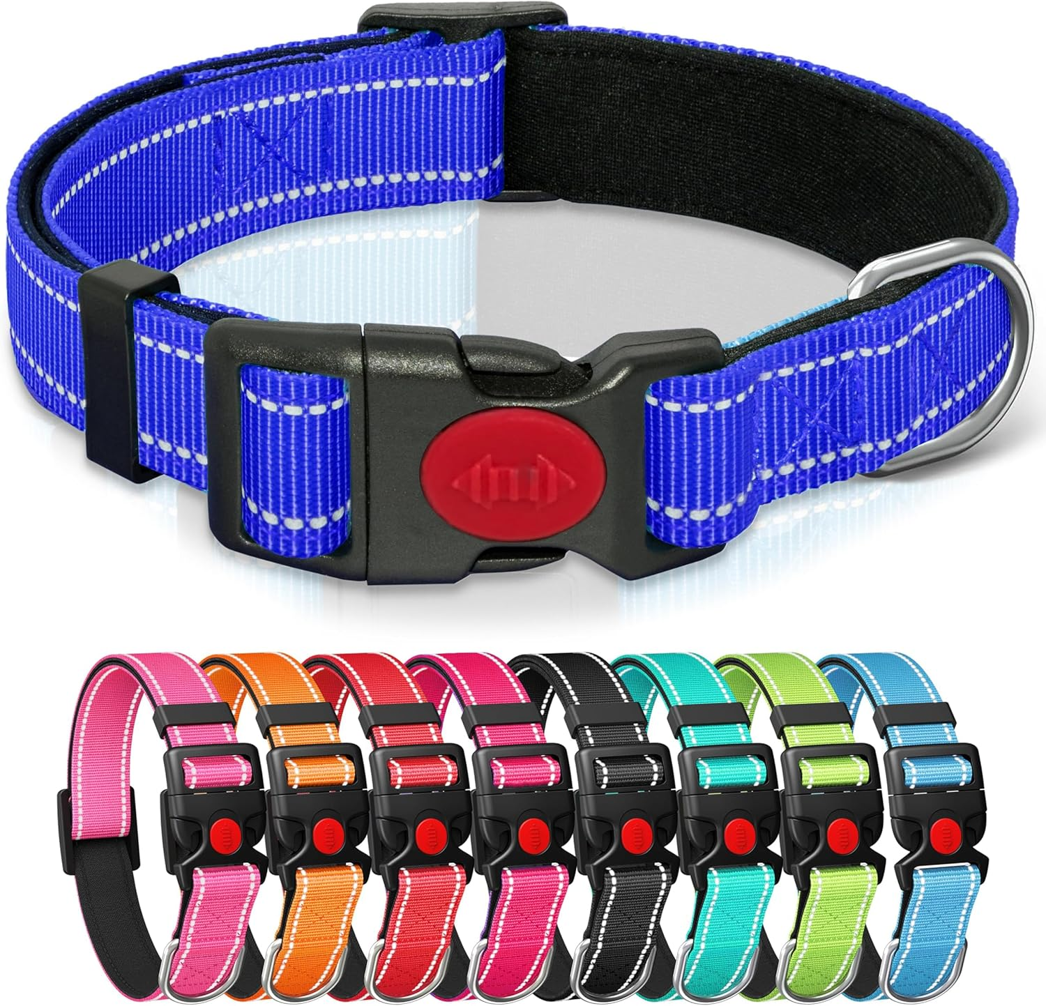 Reflective Nylon Dog Collar with Safety Buckle, Adjustable Pet Collars with Soft Neoprene Padding (Orange, M)