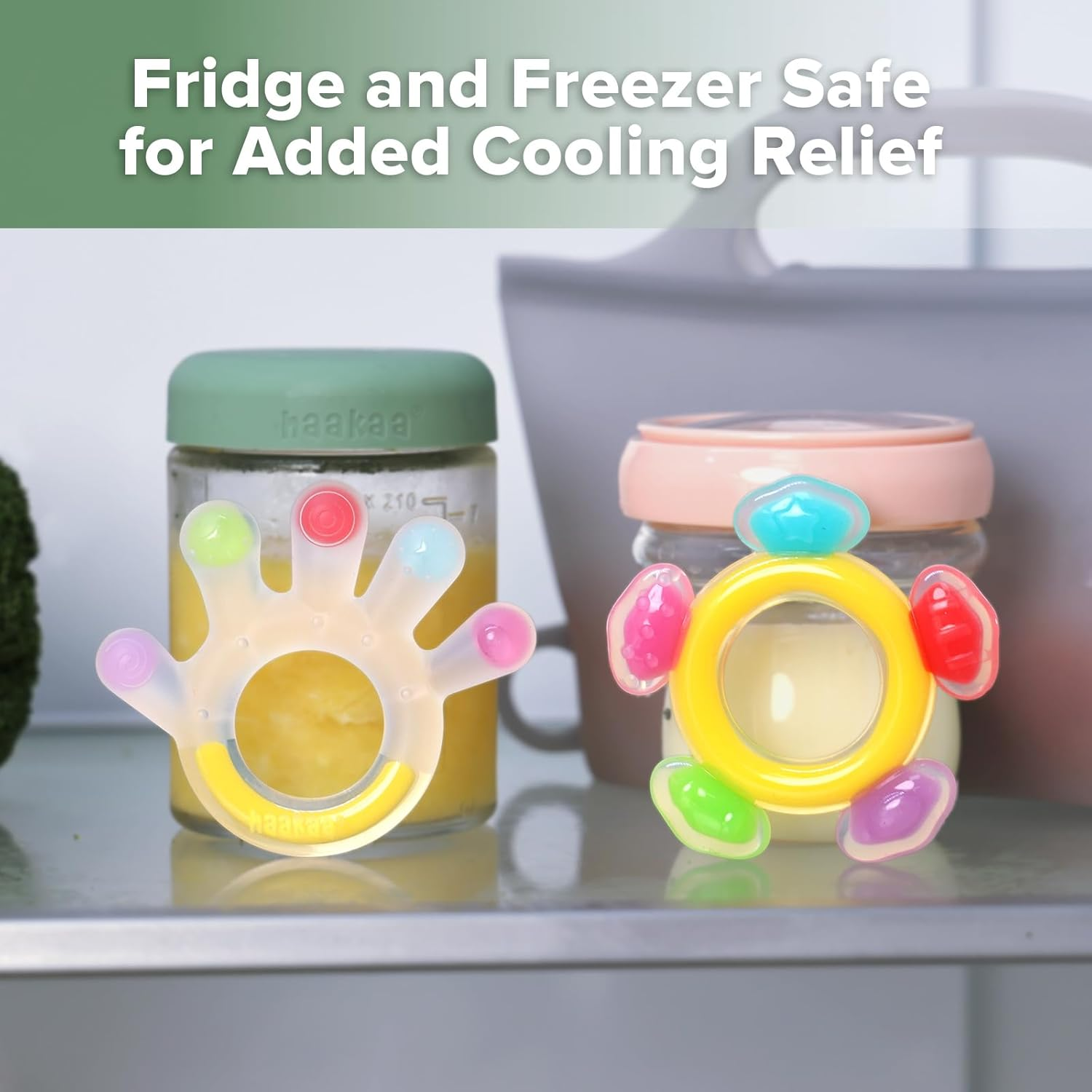 Haakaa Silicone Teether Combo - Baby Freezer Teething Toy - Soft Cold Teether - Soothe Teething Pain & Itching Gums - Perfect Size - Palm & Ferris Wheel Shape for 3M+ Babies BPA Free - 2 Pk image number 3