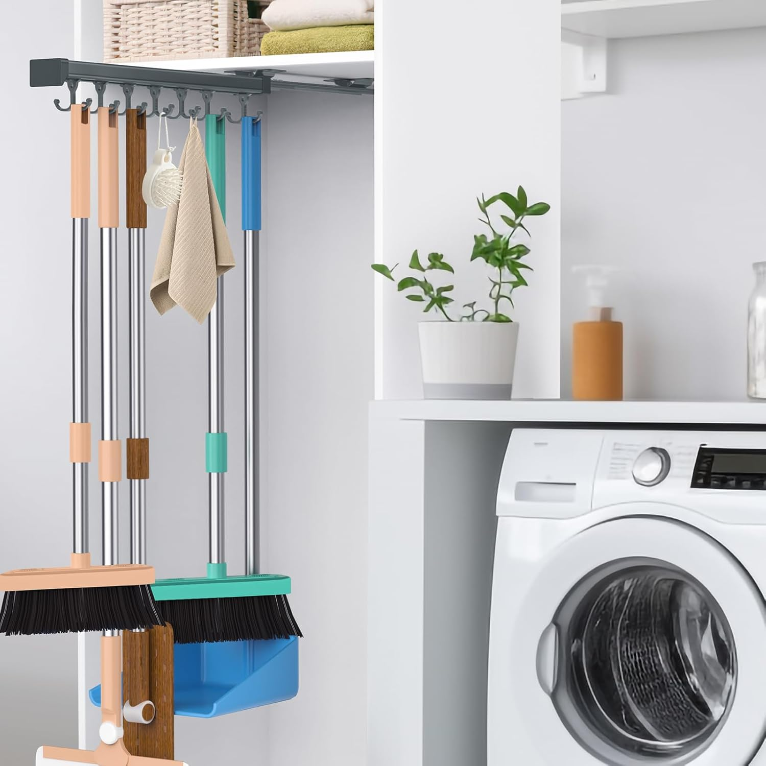 Primzooty Pull Out Broom Holder with Adjustable Double Row Sliding Hook, Multifunctional Slide Broom and Mop Storage/Organizer Garage Organization Hooks, for Closet Laundry - 41Cm/16.14Inch