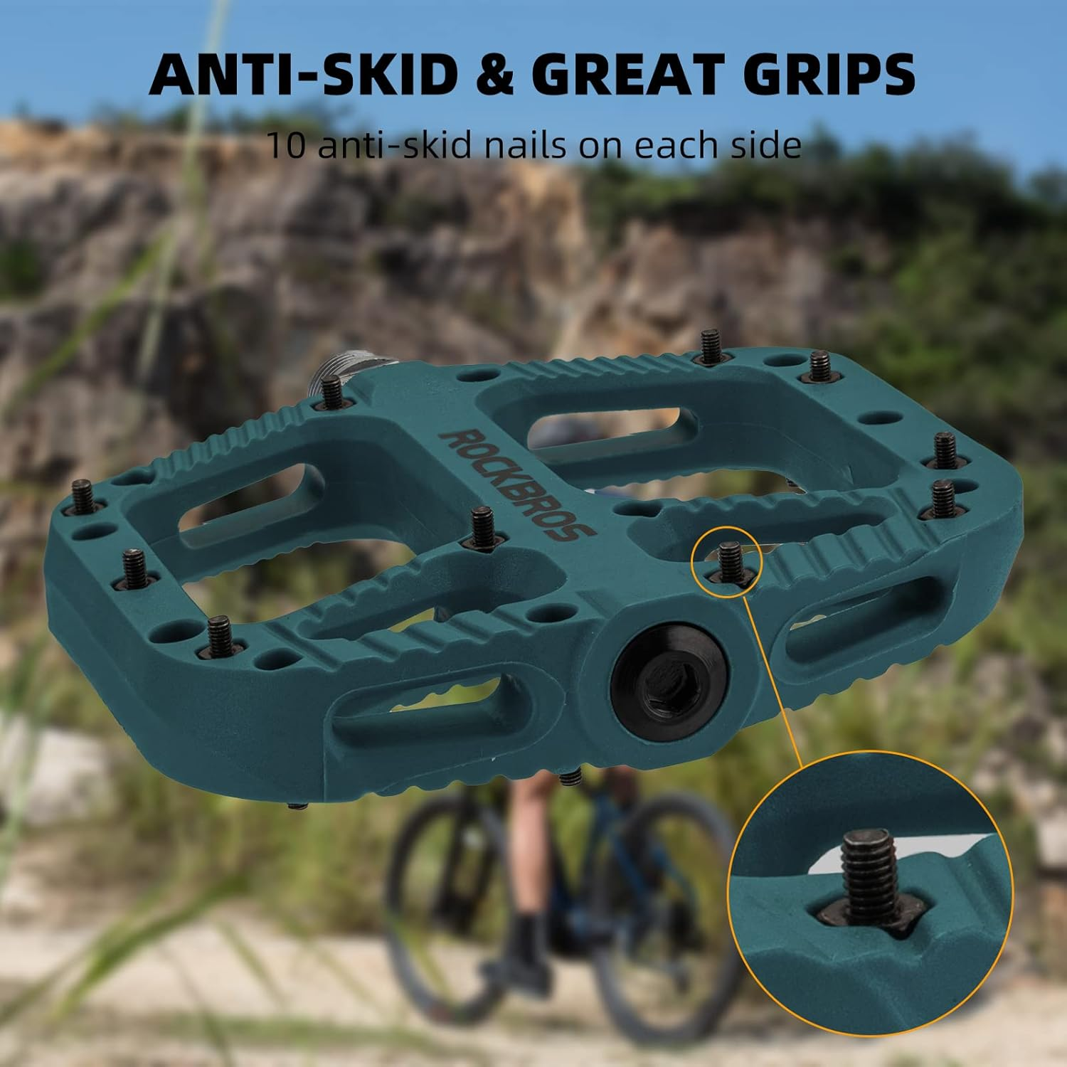 ROCKBROS Mountain Bike Pedals Nylon Composite Bearing 9/16" MTB Bicycle Pedals with Wide Flat Platform - Blue image number 2