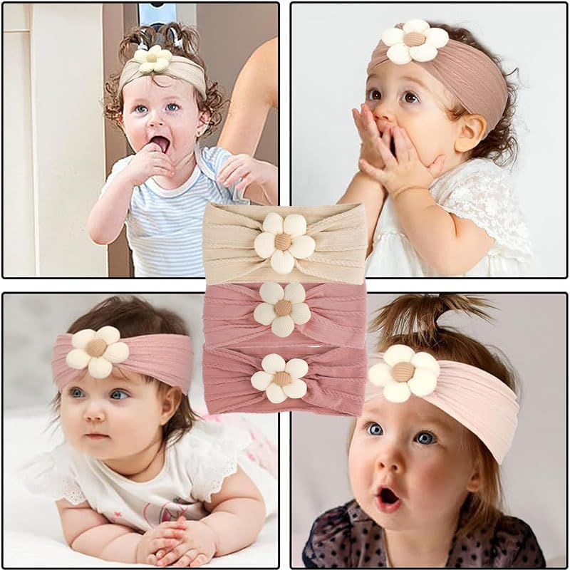 Baby Girl Headbands Bows Turban Nylon Newborn, 3Pcs Soft Elastic Knotted Headbands, Baby Head Wrap Hair Band image number 2