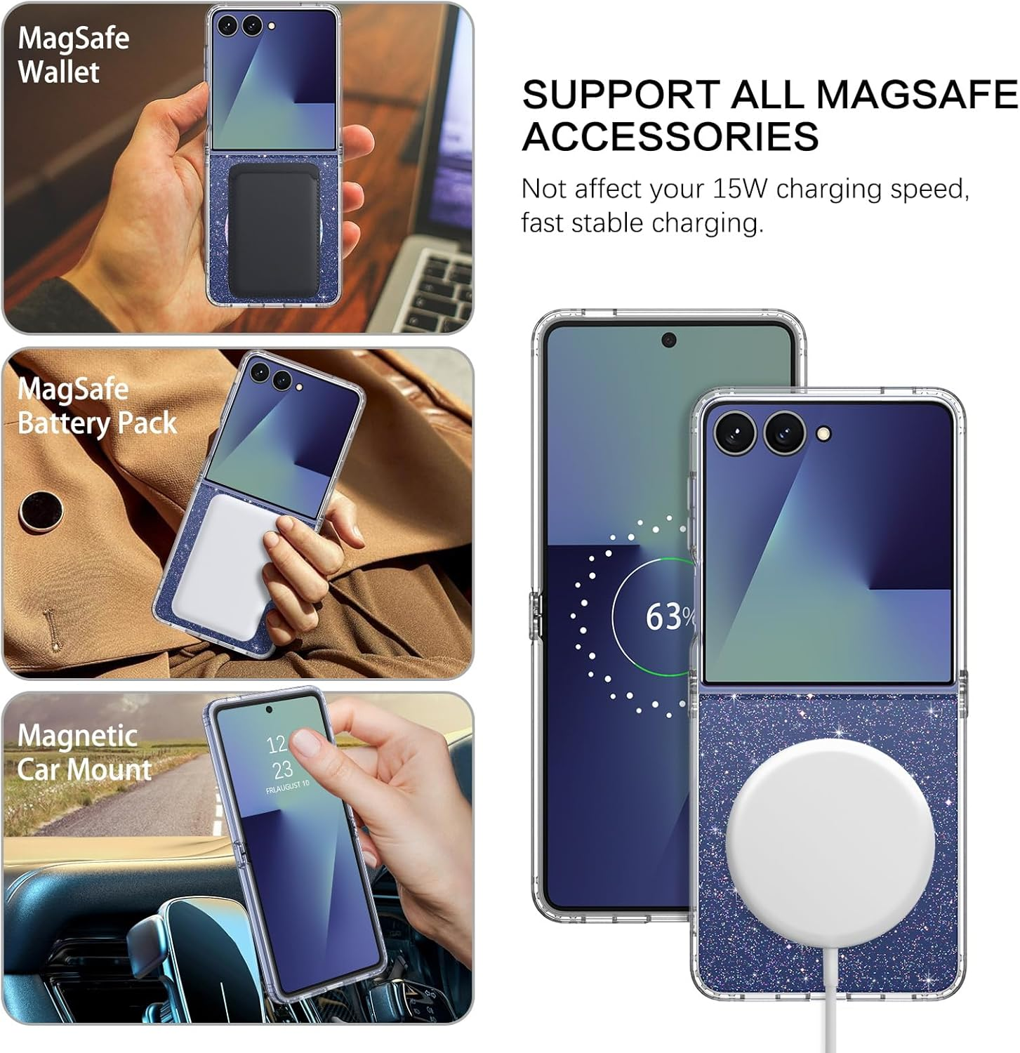 Gaobao Magnetic for Samsung Flip 7 Case, Slim Fit Z Flip7 Case, Compatible with Magsafe, Transparent Shockproof Protective Sparkle Shiny Girls Women Cover for Samsung Galaxy Z Flip7, Clear Glitter image number 1