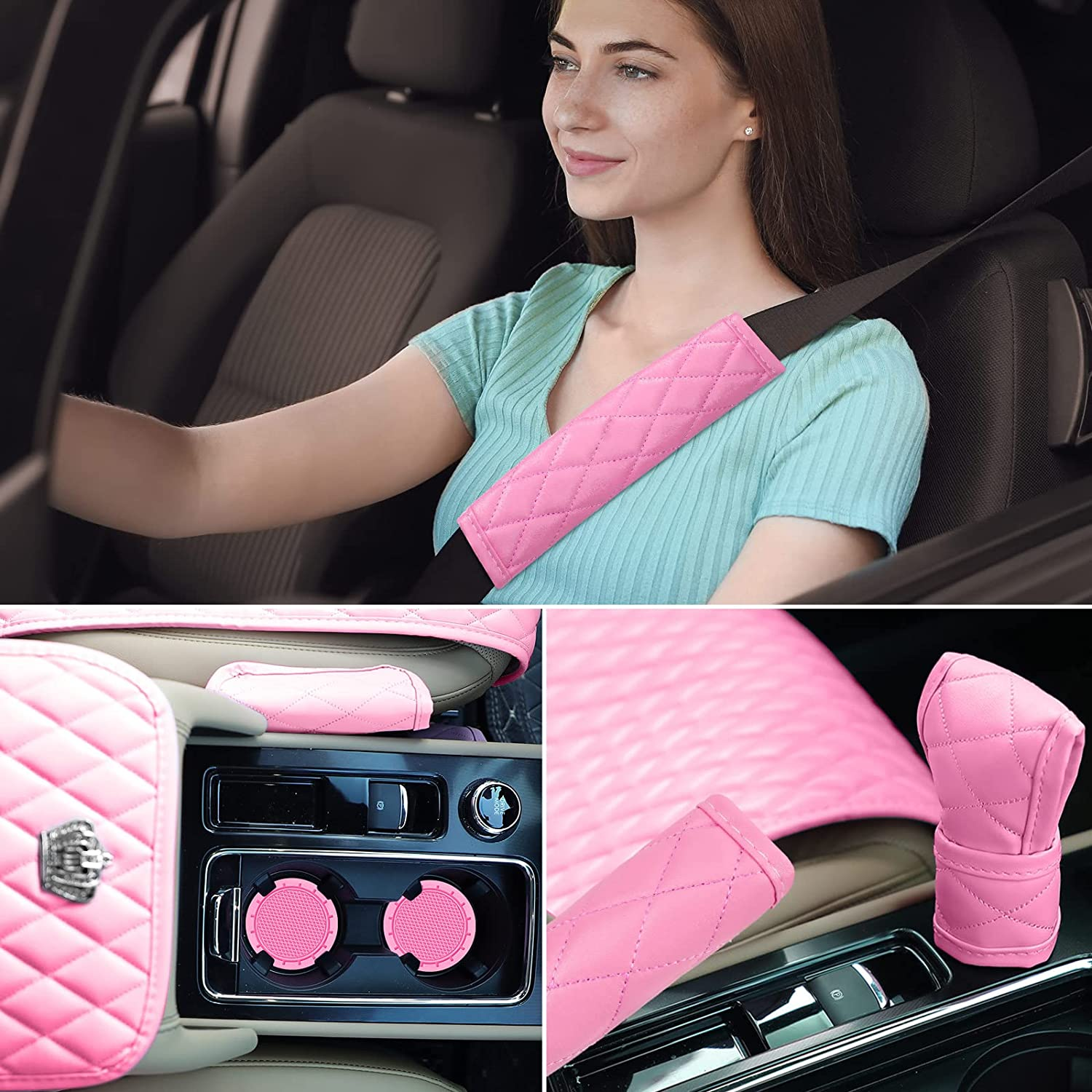 Tallew 14 Pcs Pink Car Accessories Set Leather Diamond Seat Cover Steering Wheel Cover with Center Console Pad Cup Holders Gear Protection for Women Car Interior Decor(Full Set)