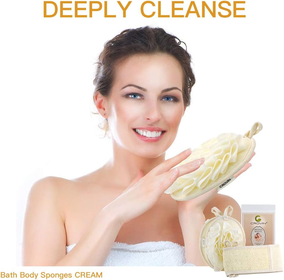 CROVIN Loofah Back Body Scrubber + Mesh Pouf PE Sponge for Bath and Shower - Gift for Women and Men - Deep Clean and Invigorate Your Skin （Pack of 3) image number 6