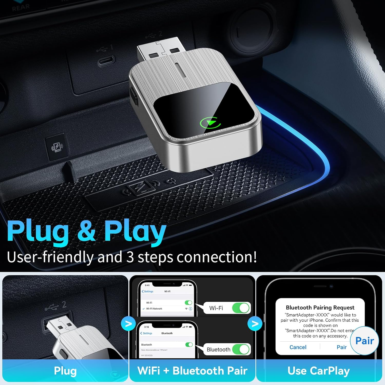 Wireless Carplay Adapter for Iphone, Converts Wired to Wireless Carplay Adapter with Reset Button, No Delay, Compatible for Apple Iphone Ios 12+ & Cars from 2017 image number 1