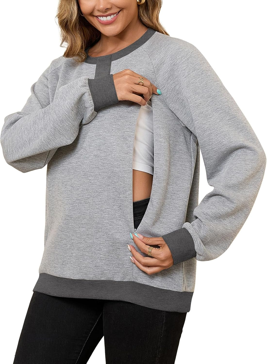 Bhome Nursing Sweatshirt Maternity Breastfeeding Shirts Hidden Zipper Long Sleeve Nursing Tops Loose Fit with Pockets