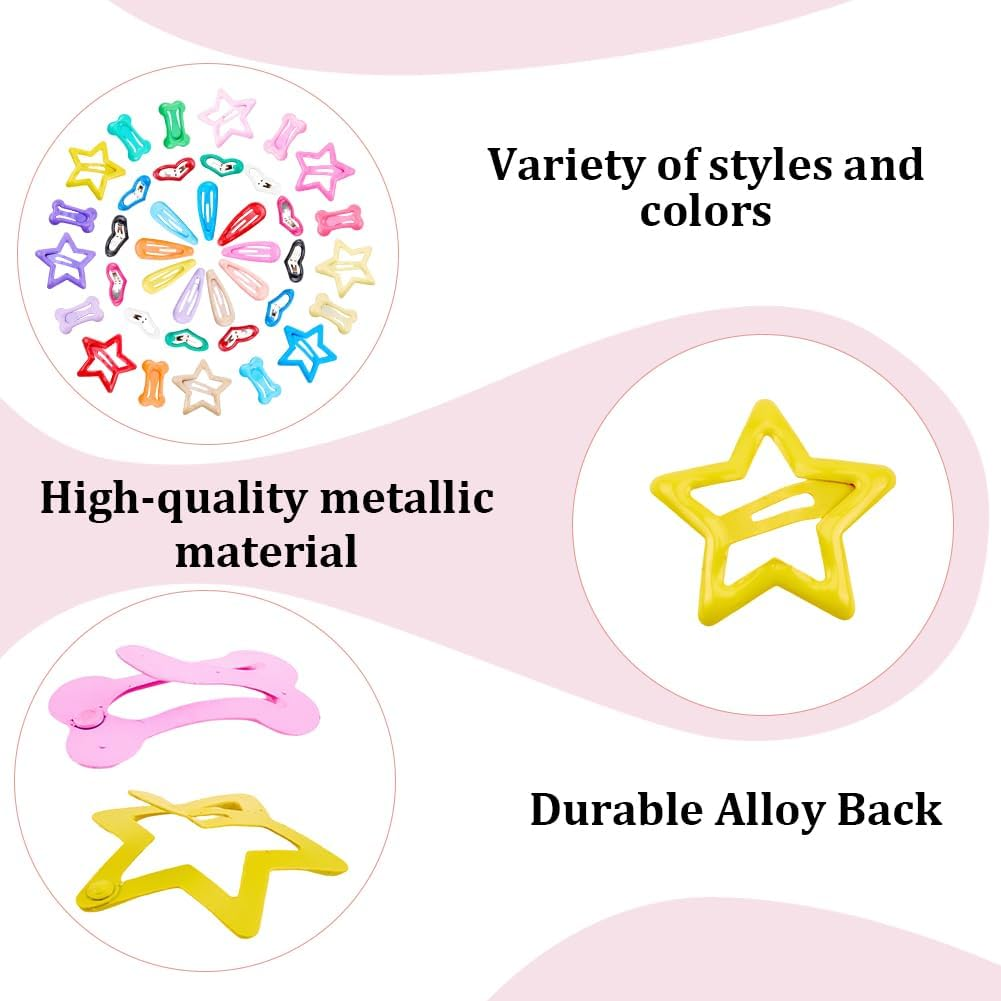 SOFPLATE 80Pcs 4 Styles Small Star Hair Clips Colorful Hair Snap Clips Aesthetic Assorted Steel Heart Teardrop Bone Pet Grooming Metal Hairpins Barrettes for Short Long Hairstyle DIY Decor Accessories image number 3