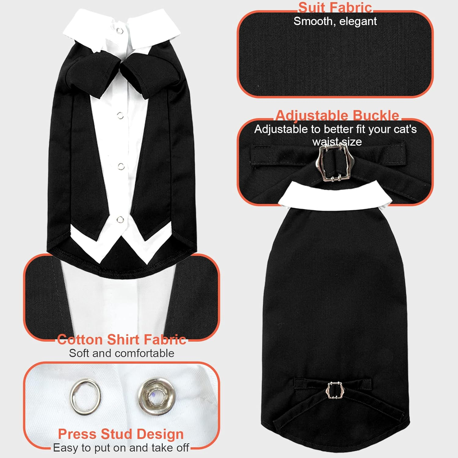 Cat Wedding Suit, Hairless Cat Tuxedo Formal with 2 Pieces Cat Collars with Bow Tie Shirt Cat Coat Wedding Costumes for Small Medium and Large Cats (Black, S)