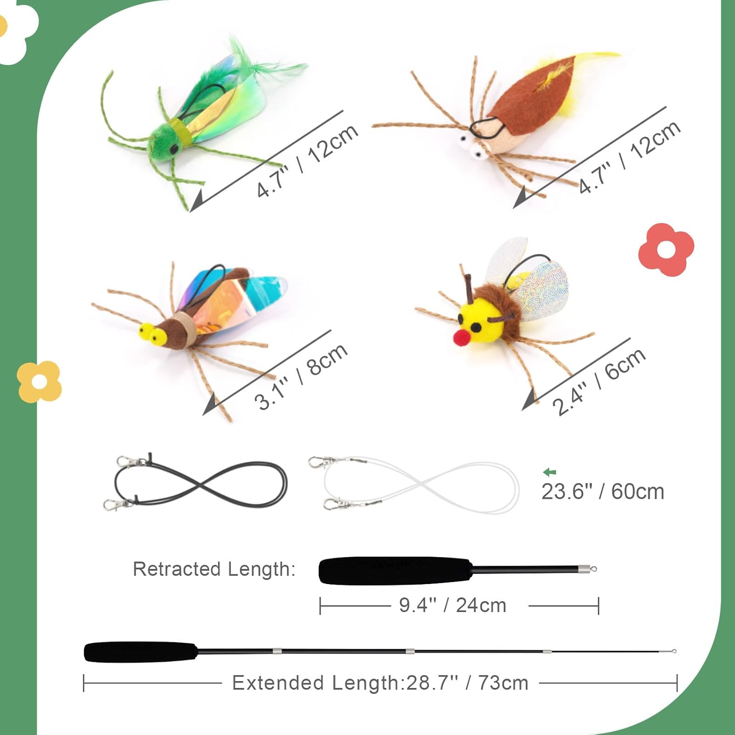 SONGWAY Cat Bug Toy Wand - Interactive Insect Cat Toys with Retractable Teaser Wand and 4 Pcs Bug Toy Feather Replacements for Cats Kittens image number 1