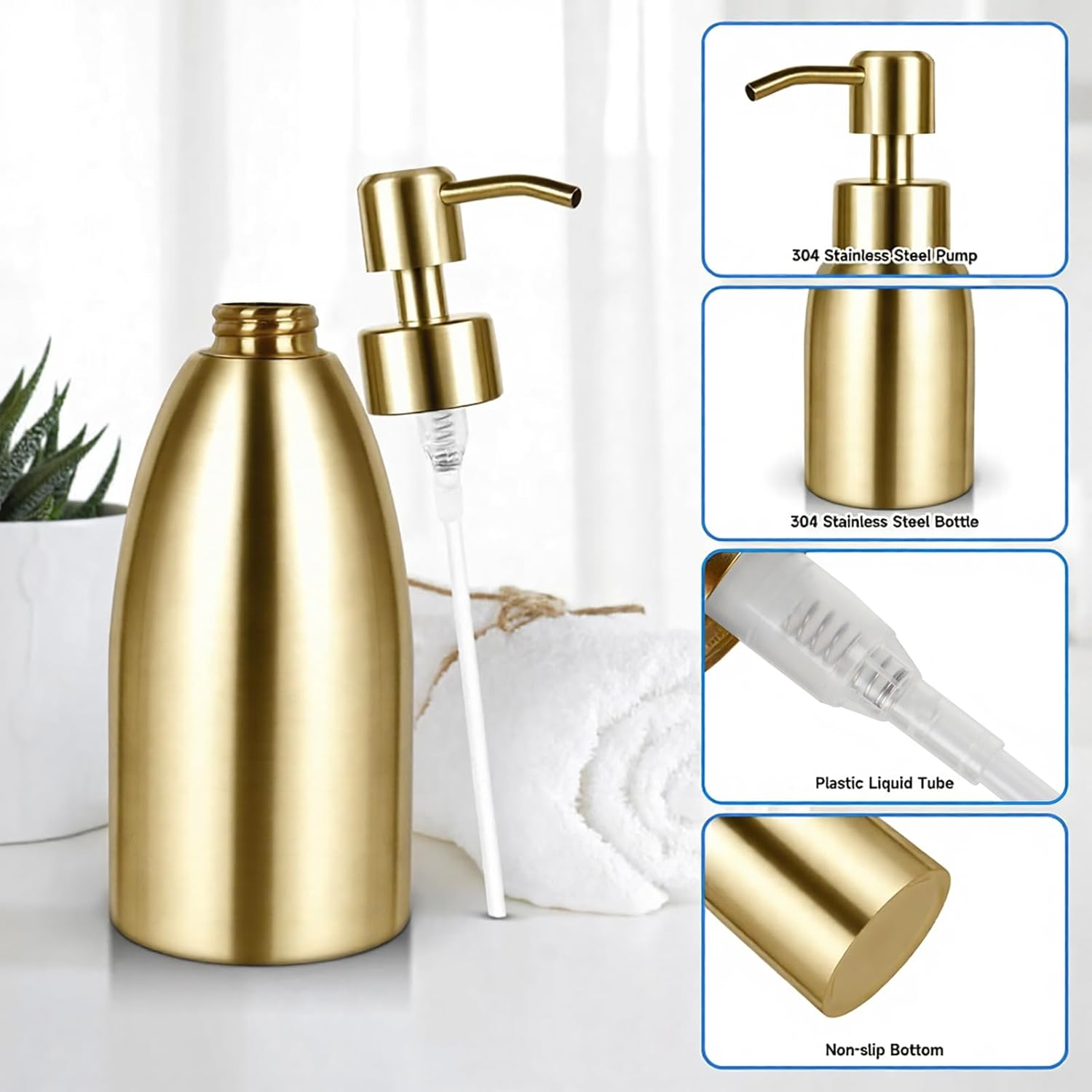 Emarful 304 Stainless Steel Soap Dispenser 16Oz Rust-Proof Liquid Soap Pump Bottle for Kitchen or Bathroom Countertop Hand Dish Lotion Leak-Proof (Gold) - Brushed Nickel image number 5