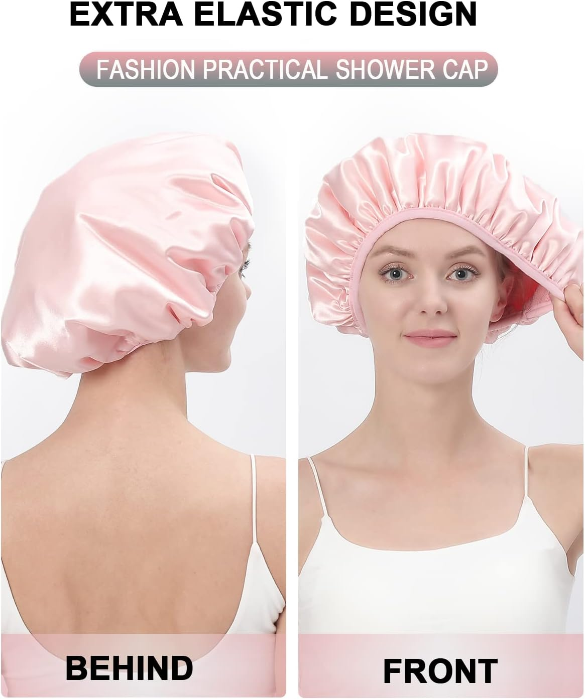 YIZIJIZI Terry Lined Shower Cap,Triple Layer Large Cap for Women,Shower Cap Reusable Waterproof,Long Thick Hair(Pink) - Gray image number 7