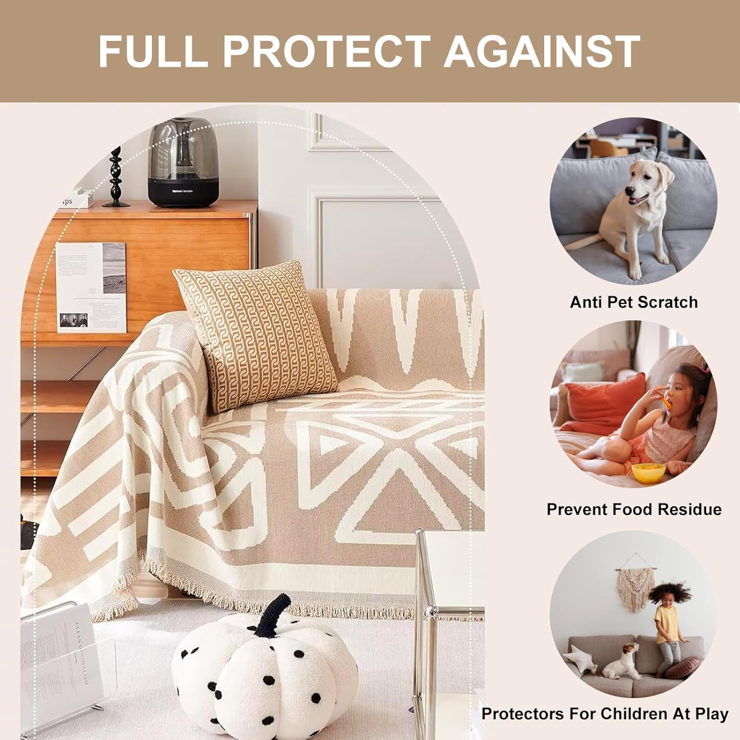 Double Sided Chenille, Soft Sofa Cover Towel, Couch Slipcovers with Tassels Couch,Stylish Sofa Cover Can Be Used as Sofa Blanket, Shawl, Usable in All Seasons (Beige-White, 180 * 300Cm) - Beige-180*230 image number 3