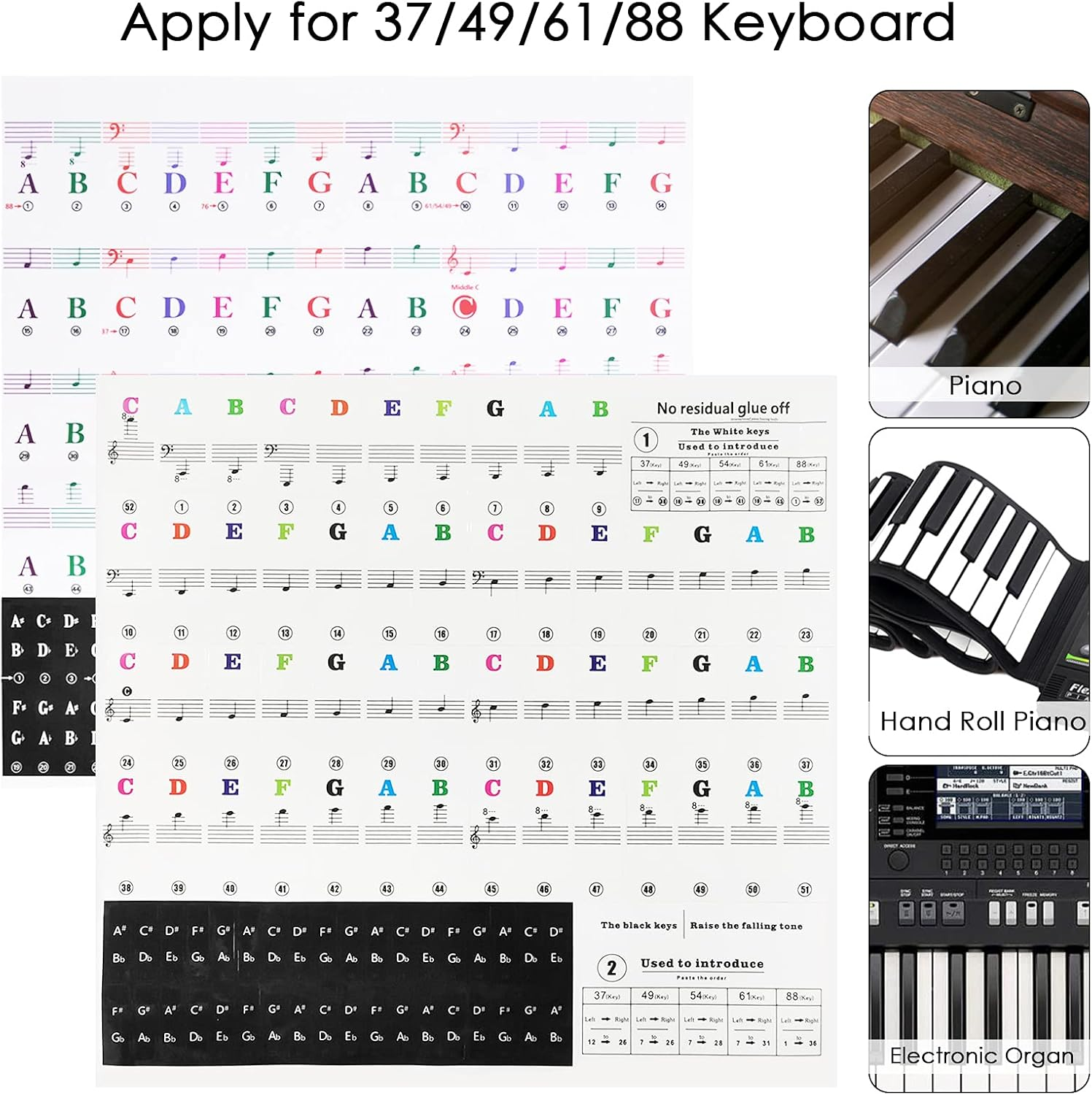 Sourceton 2 Sets of Piano Keyboard Stickers for 88/61/54/49/37 Key, Colorful Piano Stickers Transparent and Removable for Beginners image number 4