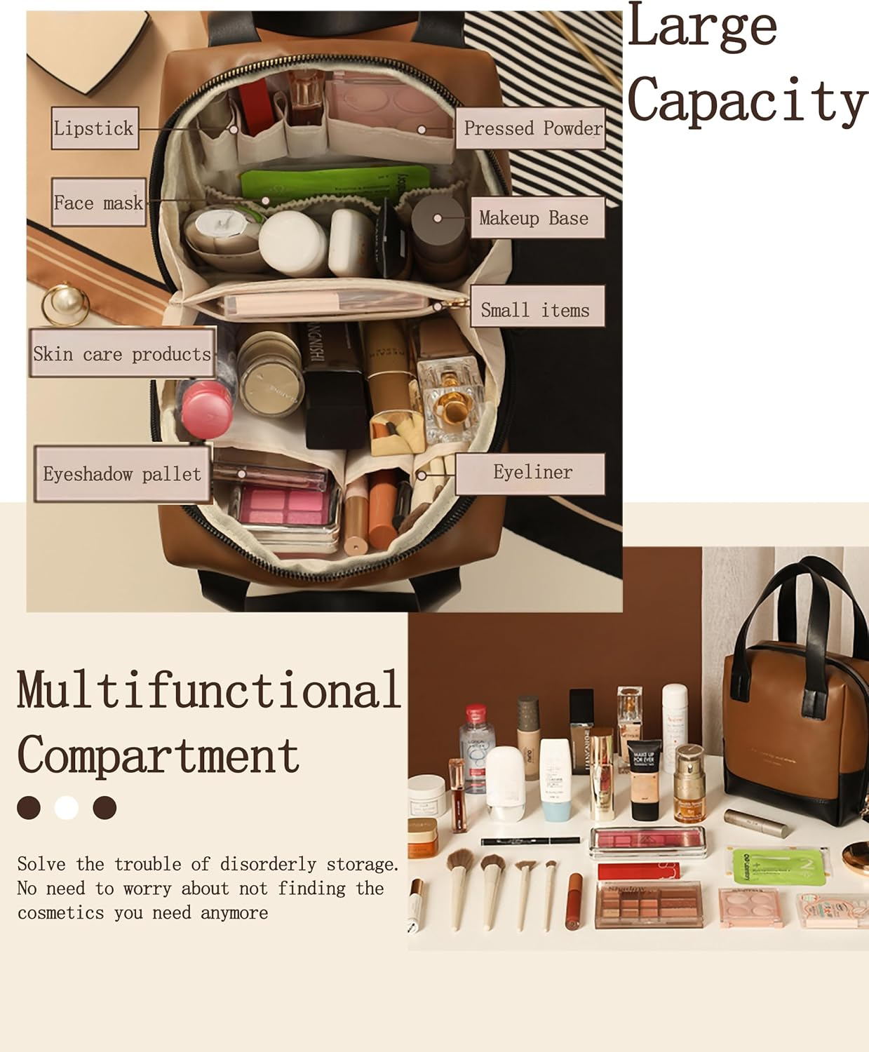 Sugar Cube Shaped Makeup Bag for Women Girls Travel - Waterproof PU Leather Cosmetic Organizer with Zipper/Wide Open Design/Toiletry Bag/Makeup Brushes&Nail Polish Storage（Embossed Texture） image number 5