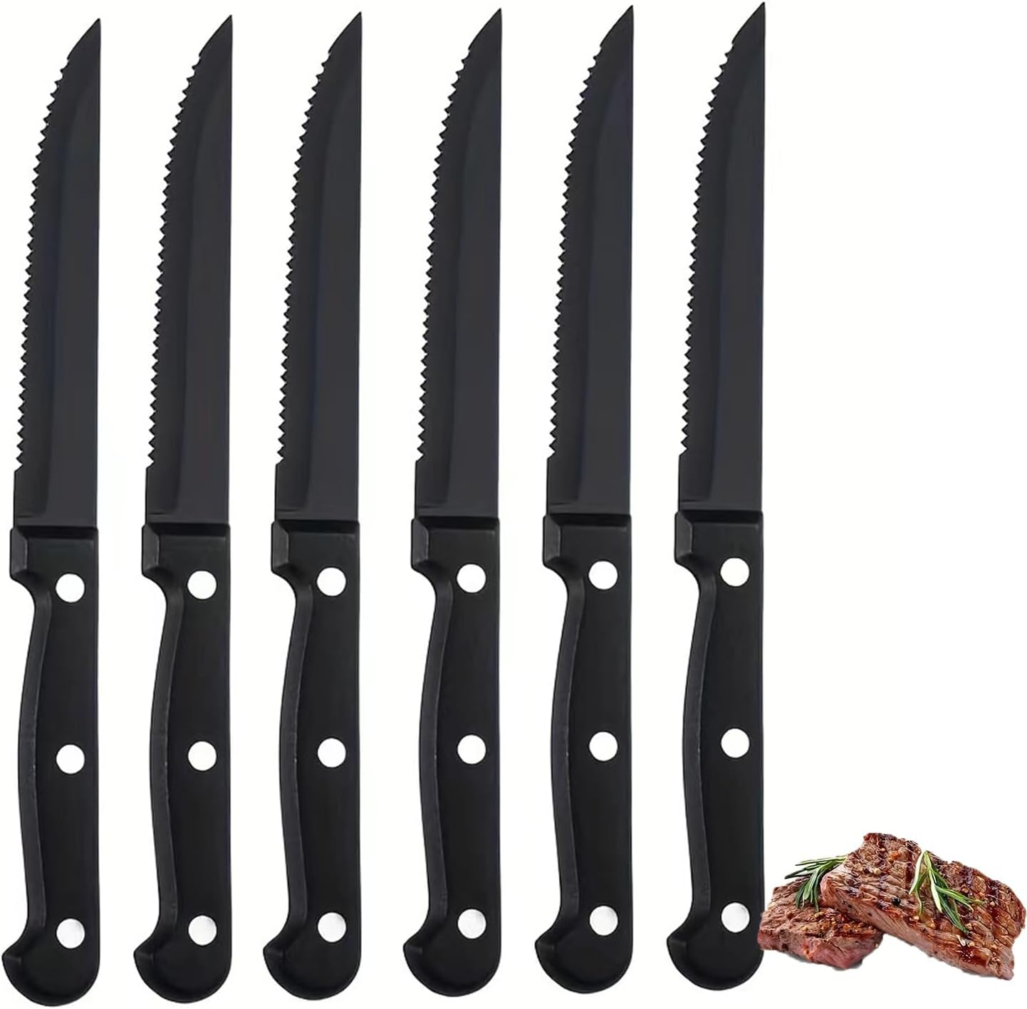 Steak Knives Serrated Set of 6, Stainless Steel Steak Knife Set, Restaurant Quality, Stainless Steel, 4.25-Inch, Sharp Tip (Elegant Black) image number 4