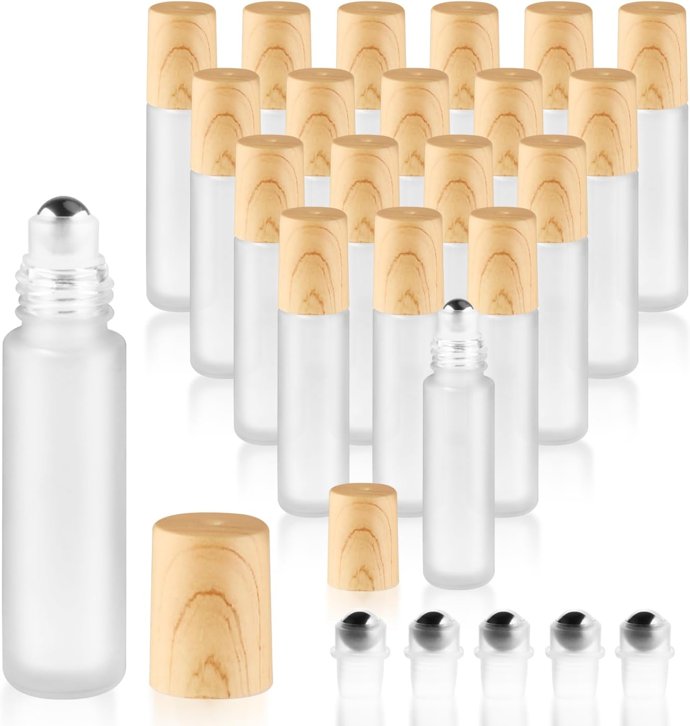 Cositina 20 Pcs 10Ml/0.34Oz Frosted Glass Roller Bottles Refillable Perfume Bottles with Stainless Steel Roller Balls & Wood Grain Lids for Travel Essential Oils - Black
