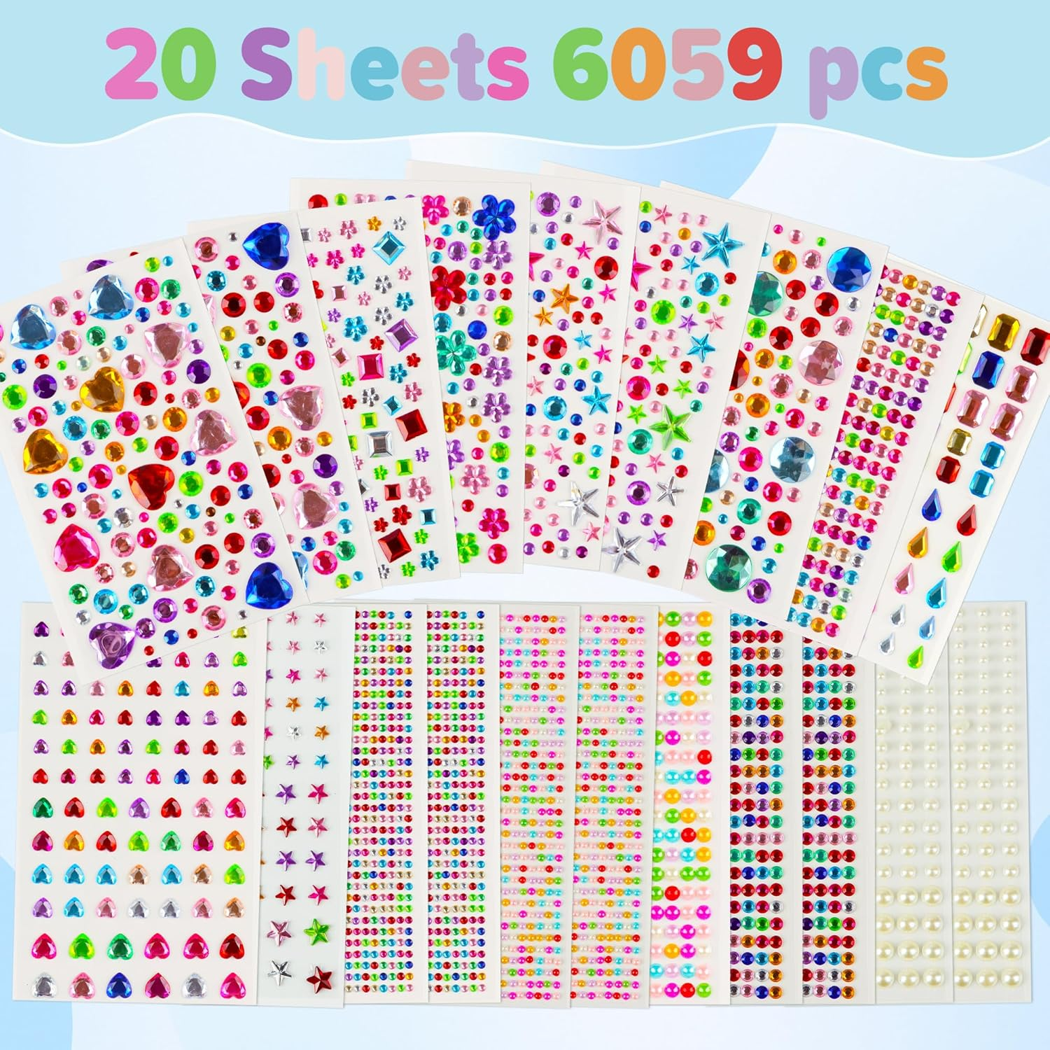 6059Pcs Gem Stickers 20 Sheets Rhinestone Stickers for Crafts Self Adhesive, Glitter Sticker DIY Decoration Assorted Shapes Acrylic Diamond Bling Heart Star Sticker for Face Eyes Nail Hair for Women image number 1