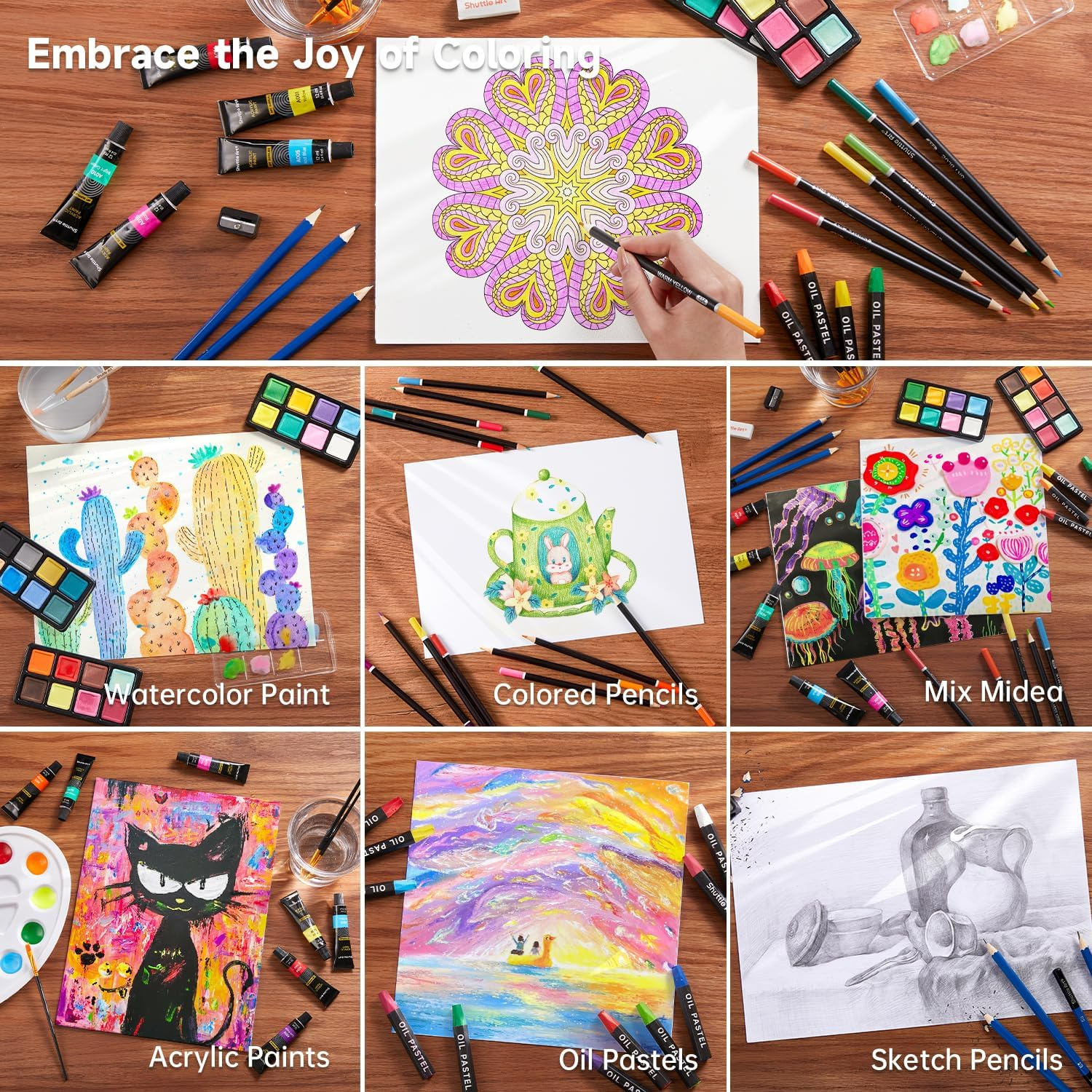 118 Piece Deluxe Art Set, Shuttle Art Art Supplies in Wooden Case, Painting Drawing Art Kit with Acrylic Paint Pencils Oil Pastels Watercolor Cakes Coloring Book Watercolor Sketch Pad for Kids Adults