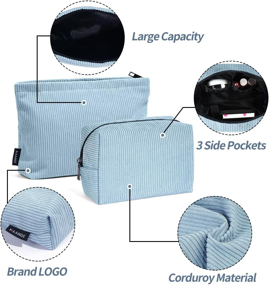 MAANGE 2 Pcs Makeup Bag, Cosmetic Bags for Women Travel Set Small Makeup Bag for Purse Corduroy Portable Versatile Zipper Pouch for Women (Blue image number 3