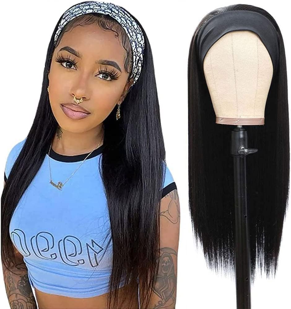 Headband Wig for Women Black Straight Synthetic Headband Wig Glueless Heat Resistant Natutal Looking for Daily Party Use (Black, 26 Inch) image number 5